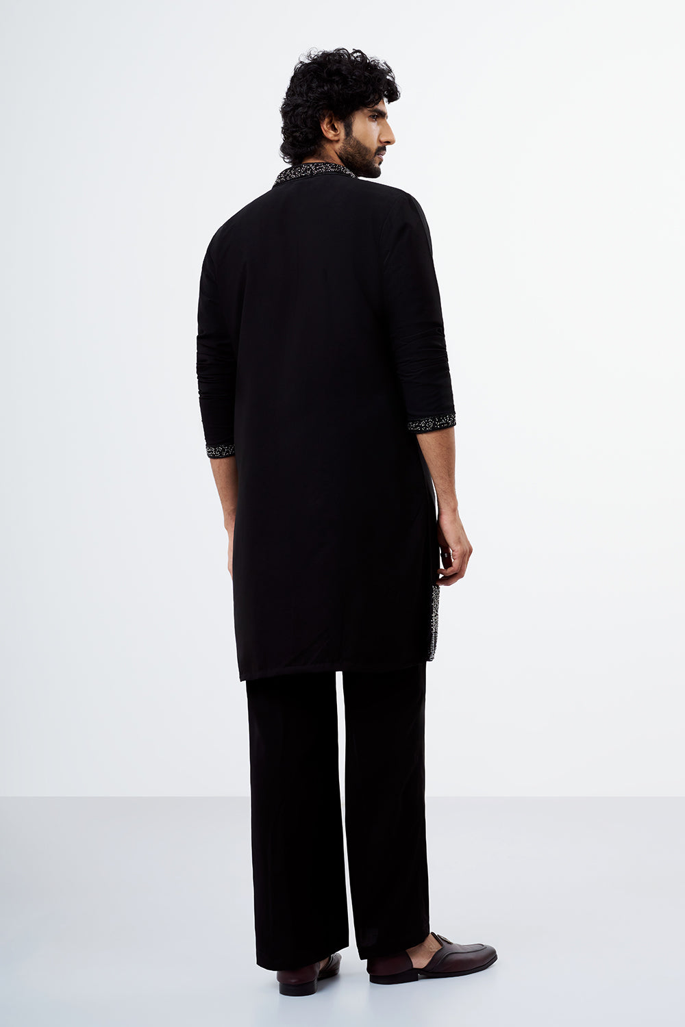 Black Polyester Cotton Men's Kurta Set with Sequin Work
