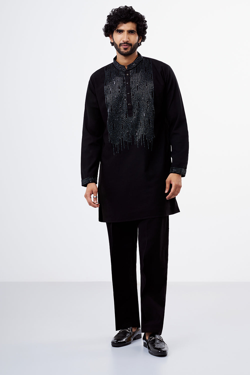 Black Polyester Cotton Sequins Work Men's Kurta Set
