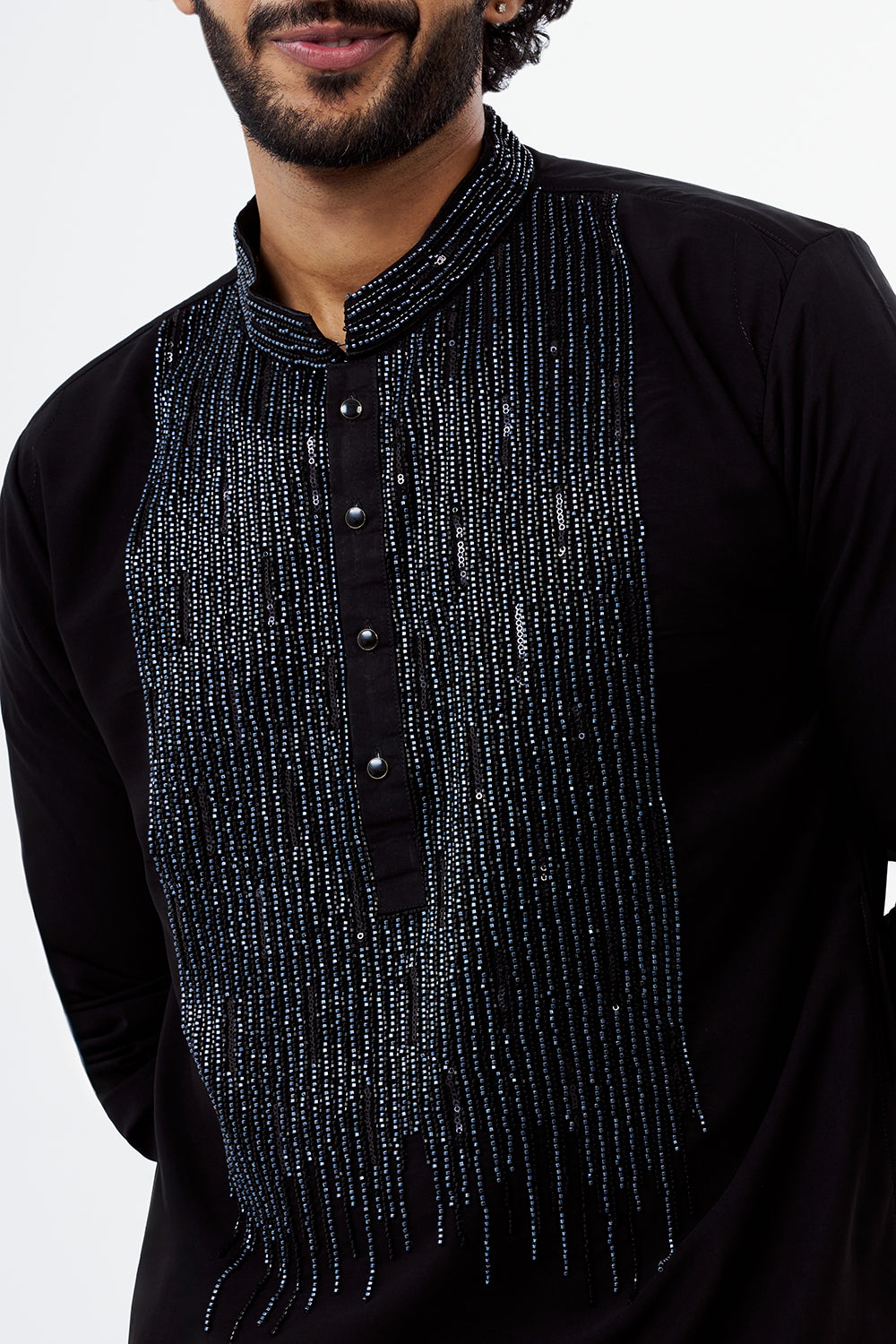 Black Polyester Cotton Sequins Work Men's Kurta Set