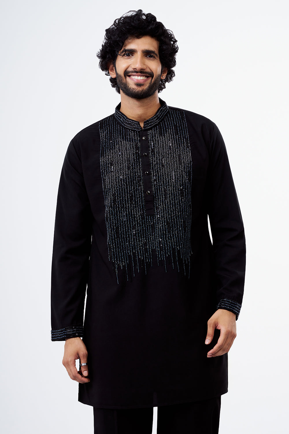Black Polyester Cotton Sequins Work Men's Kurta Set