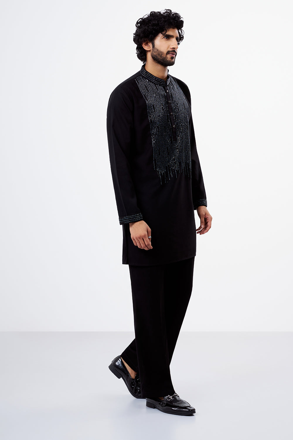 Black Polyester Cotton Sequins Work Men's Kurta Set