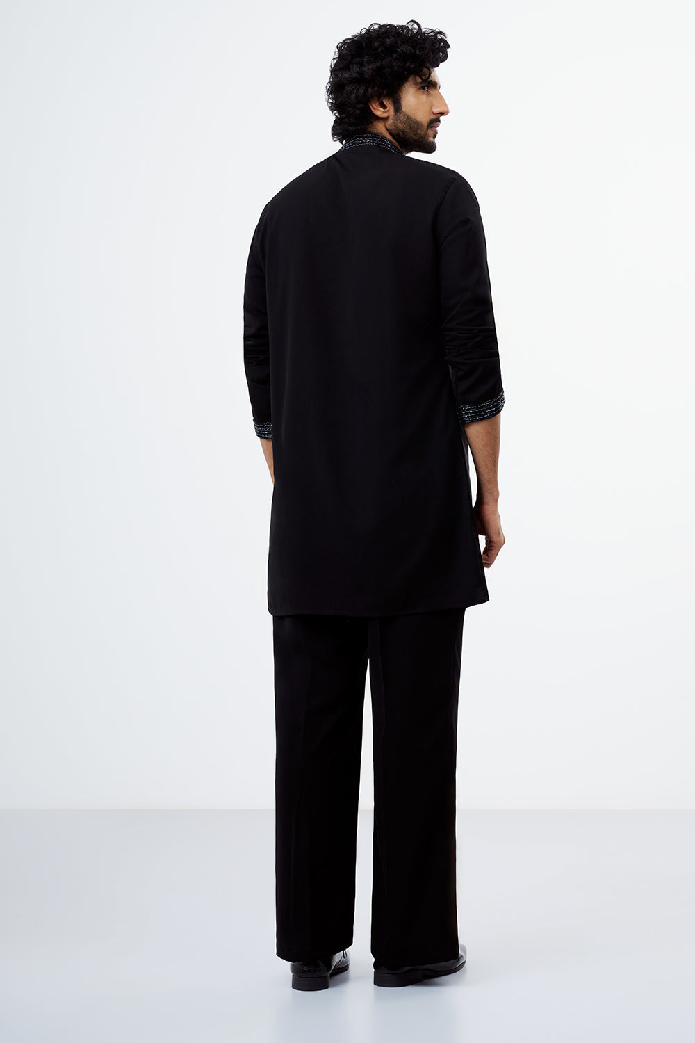 Black Polyester Cotton Sequins Work Men's Kurta Set