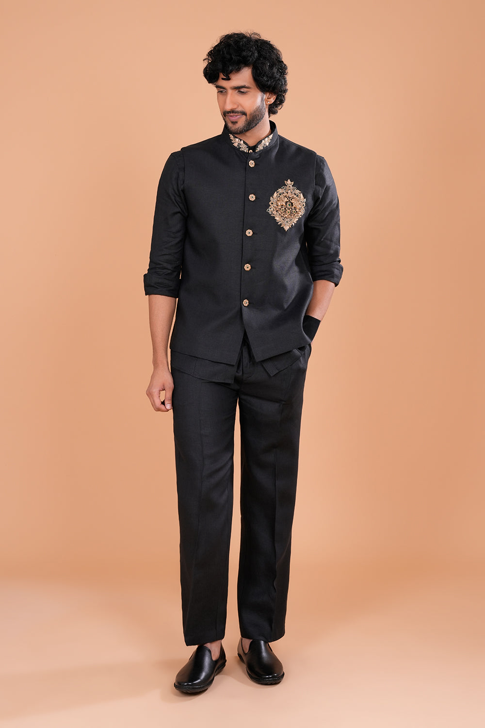 Black Regal Embroidered Bundi Set