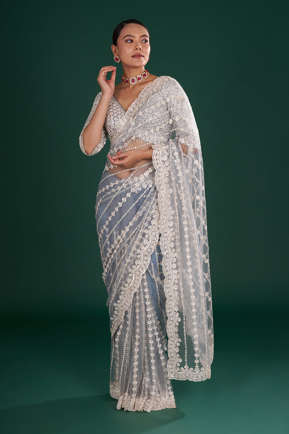 Bluish Grey Net Saree with Floral Vine Embroidery and Unstitched Blouse