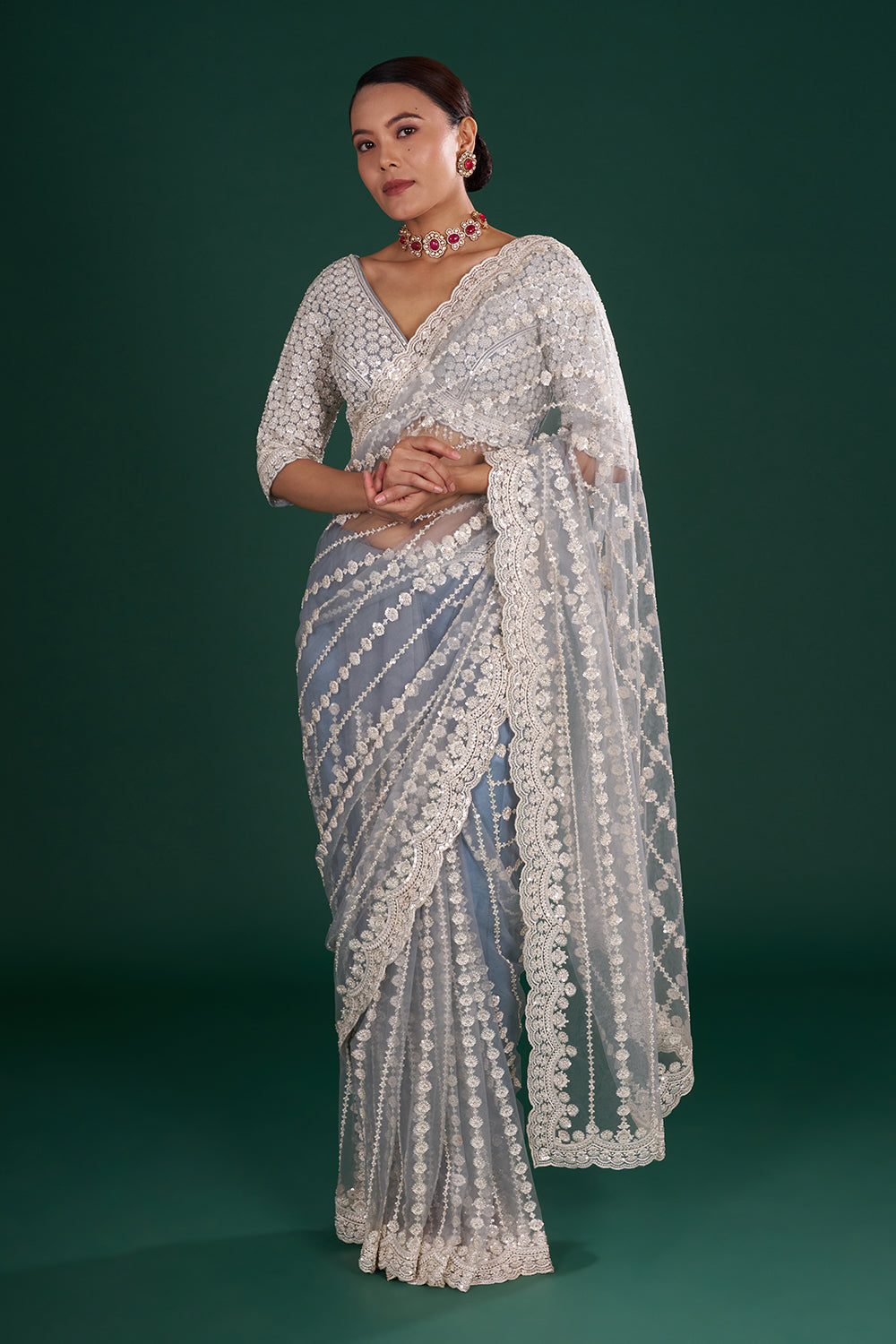 Bluish Grey Net Saree with Floral Vine Embroidery and Unstitched Blouse