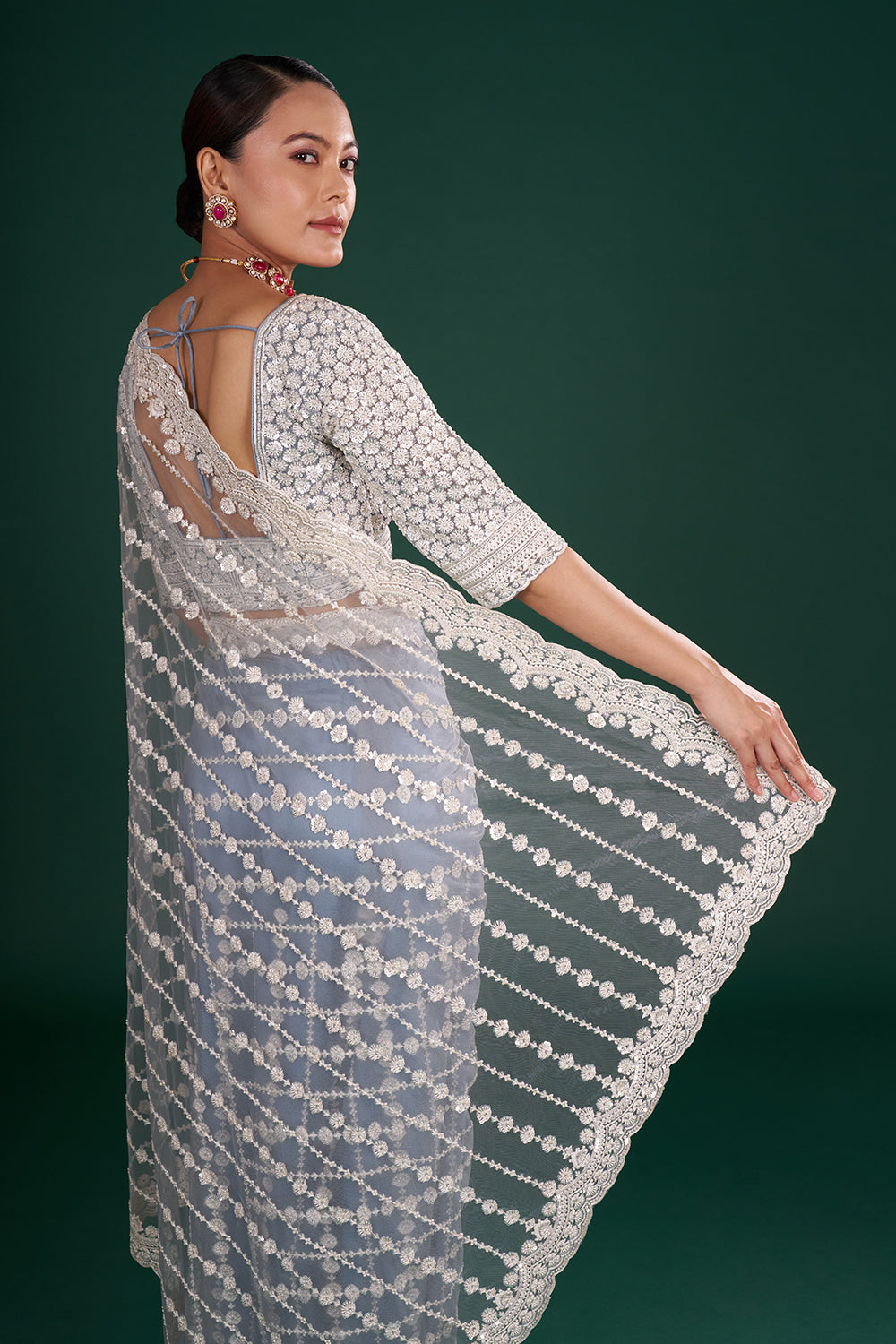 Bluish Grey Net Saree with Floral Vine Embroidery and Unstitched Blouse