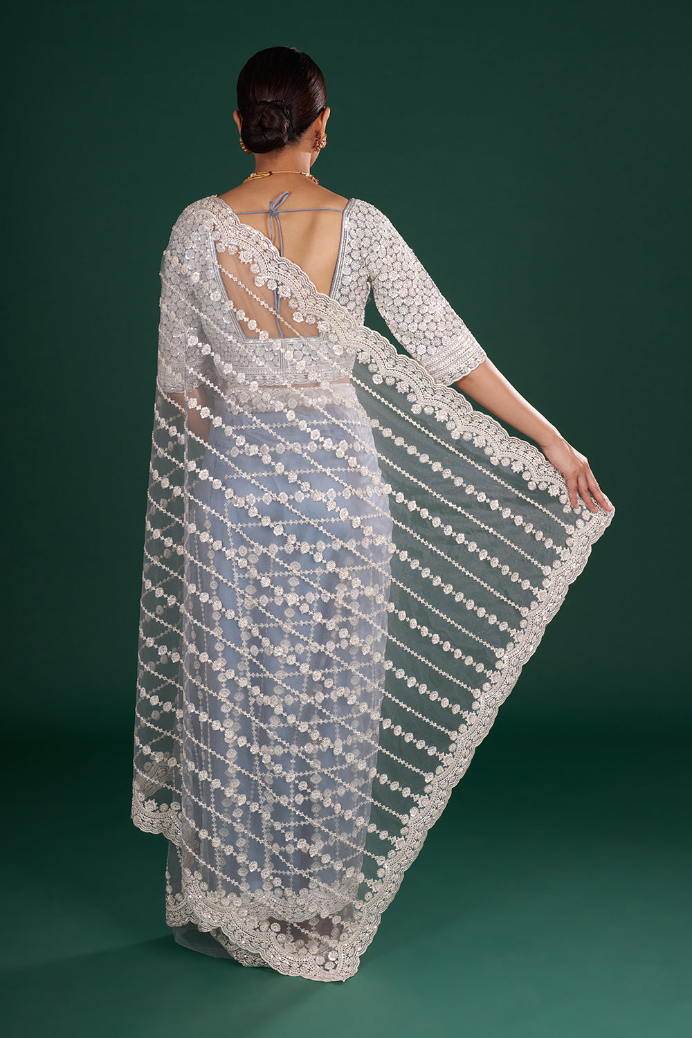 Bluish Grey Net Saree with Floral Vine Embroidery and Unstitched Blouse