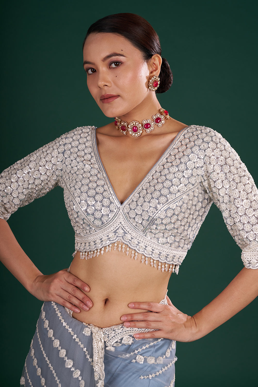Bluish Grey Net Saree with Floral Vine Embroidery and Unstitched Blouse