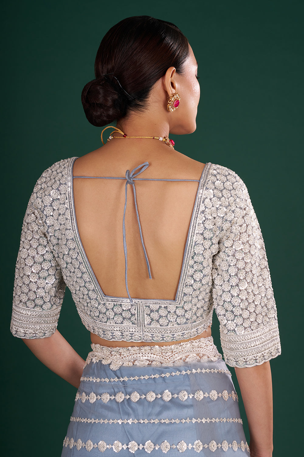 Bluish Grey Net Saree with Floral Vine Embroidery and Unstitched Blouse