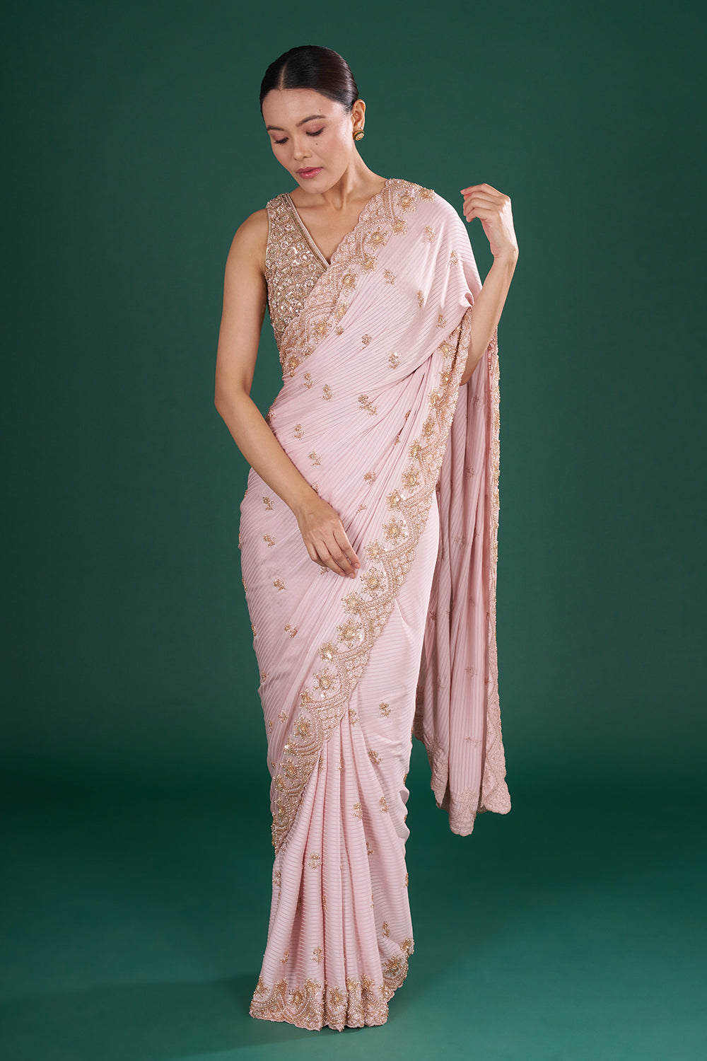 Blush Pink Satin Crush Saree with Rose Gold Sequins