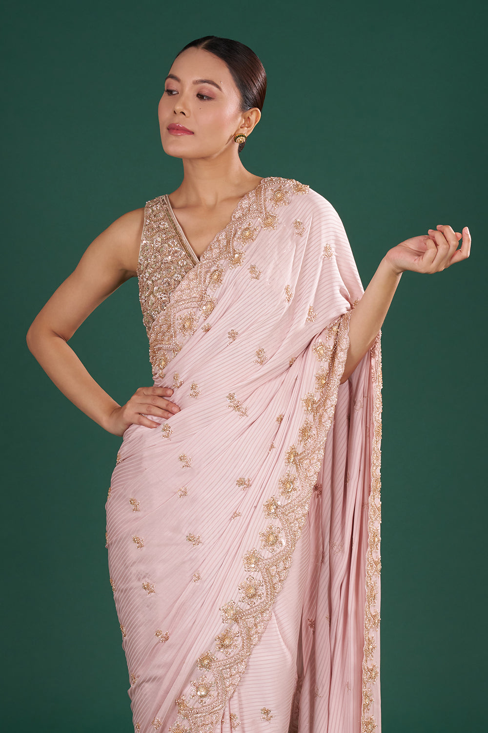 Blush Pink Satin Crush Saree with Rose Gold Sequins
