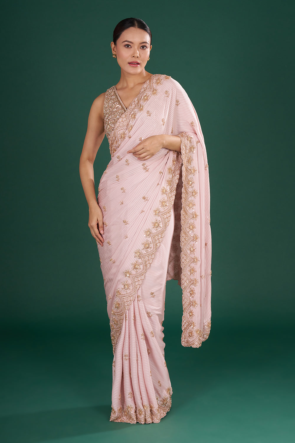 Blush Pink Satin Crush Saree with Rose Gold Sequins