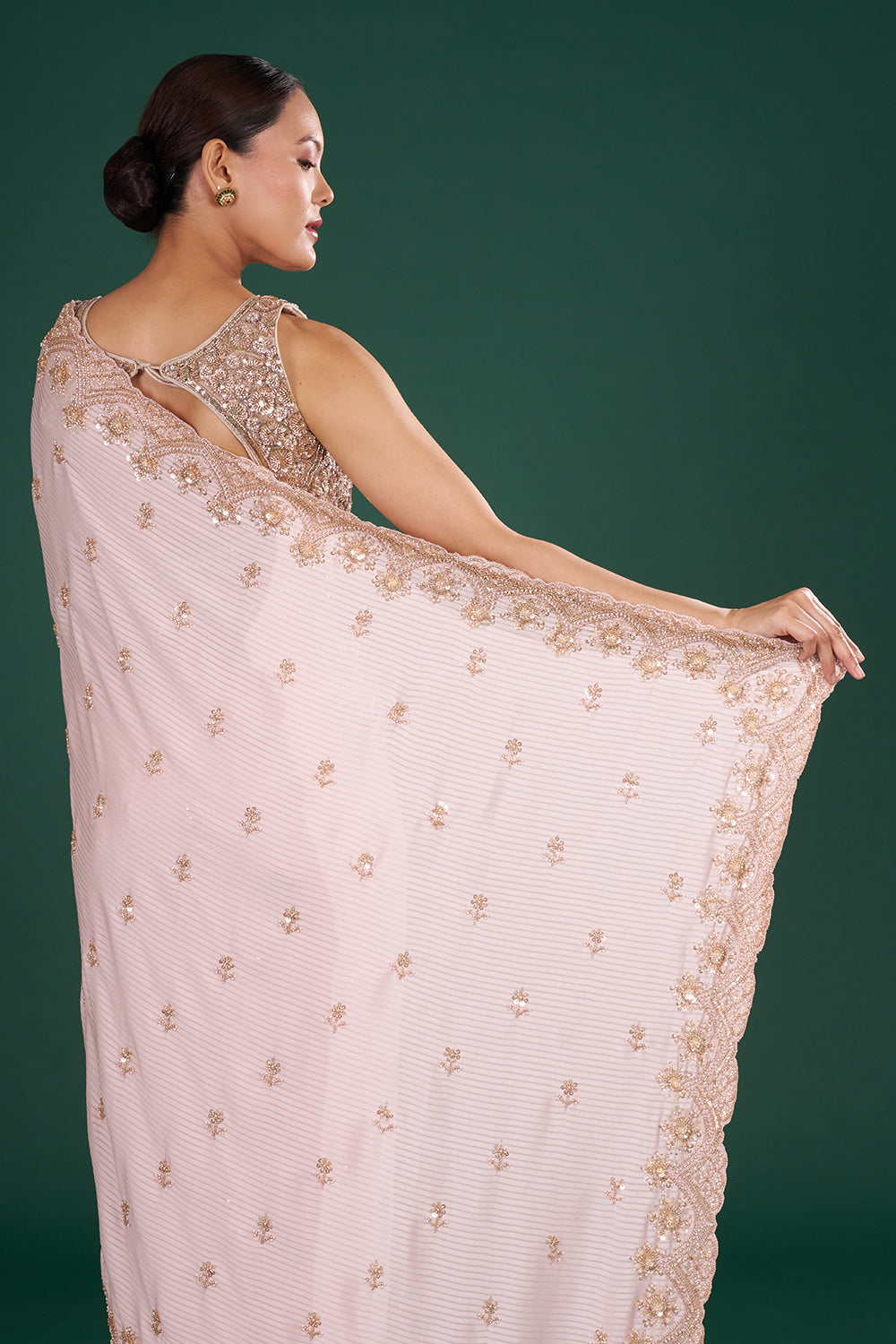 Blush Pink Satin Crush Saree with Rose Gold Sequins