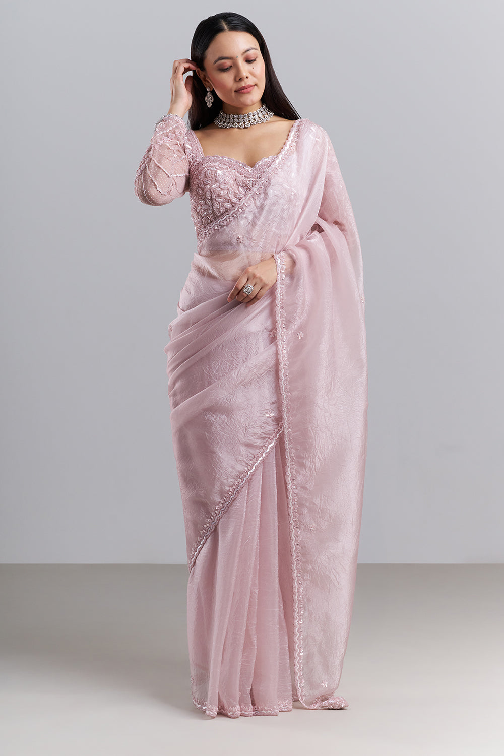 Blush Pink Organza Saree with Embellished Blouse