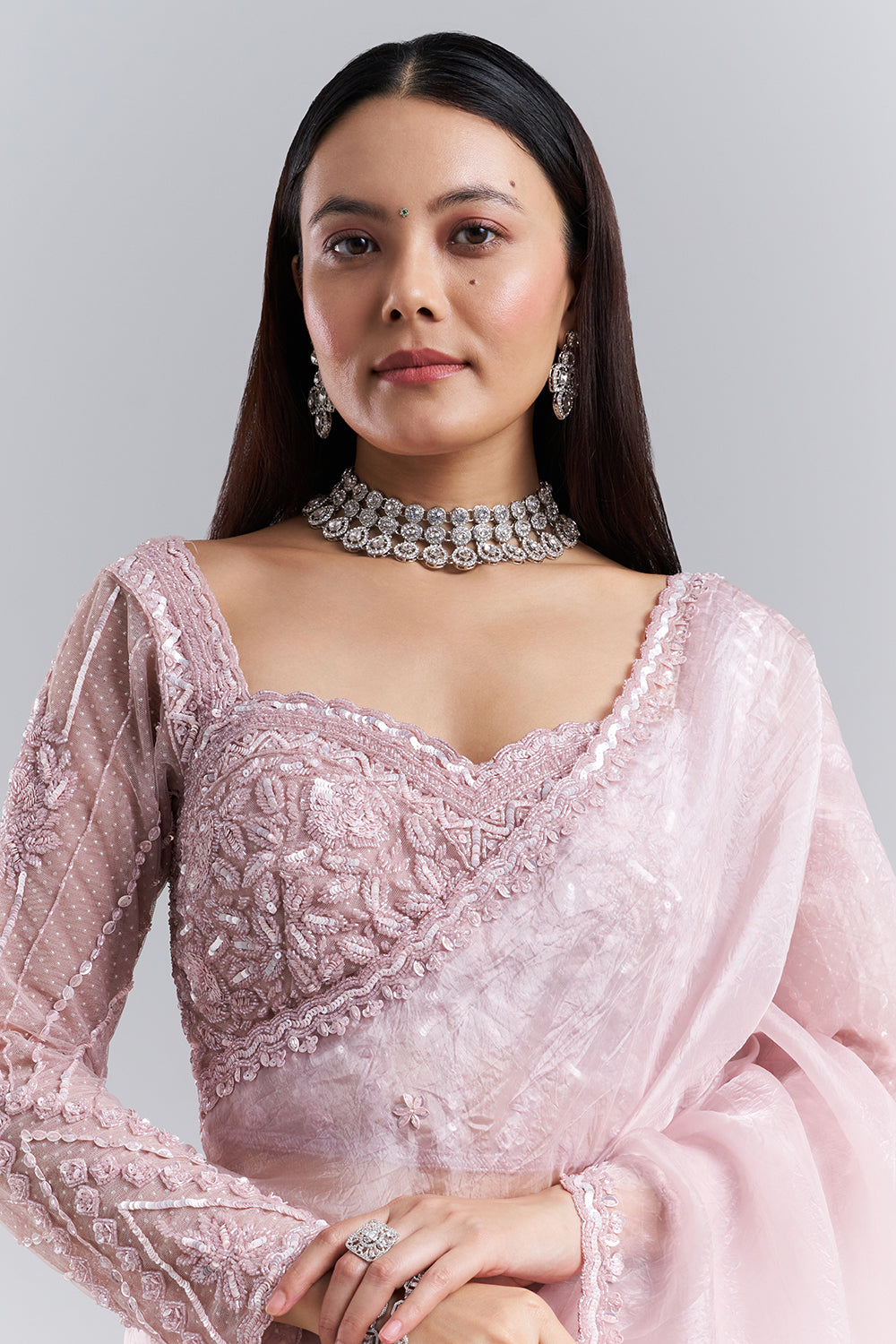 Blush Pink Organza Saree with Embellished Blouse