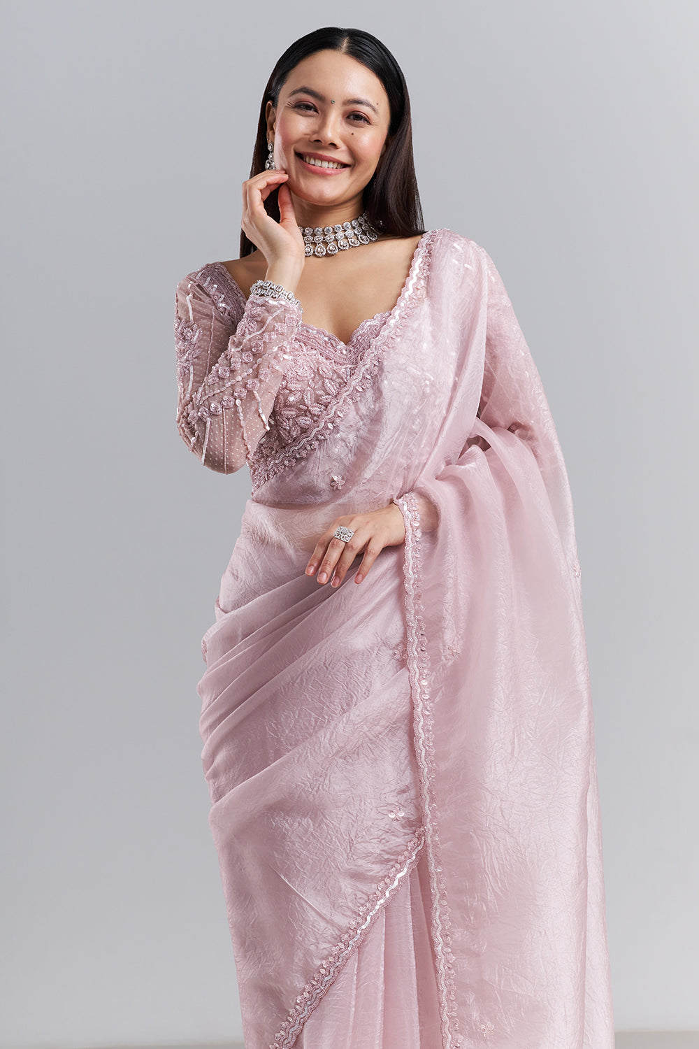 Blush Pink Organza Saree with Embellished Blouse