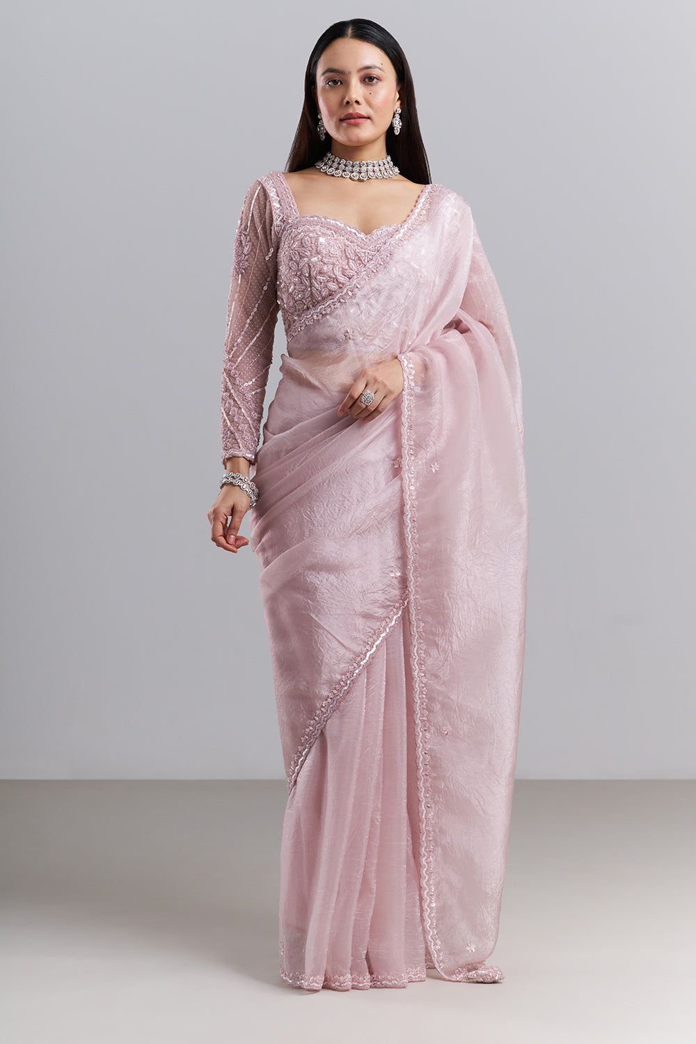 Blush Pink Organza Saree with Embellished Blouse