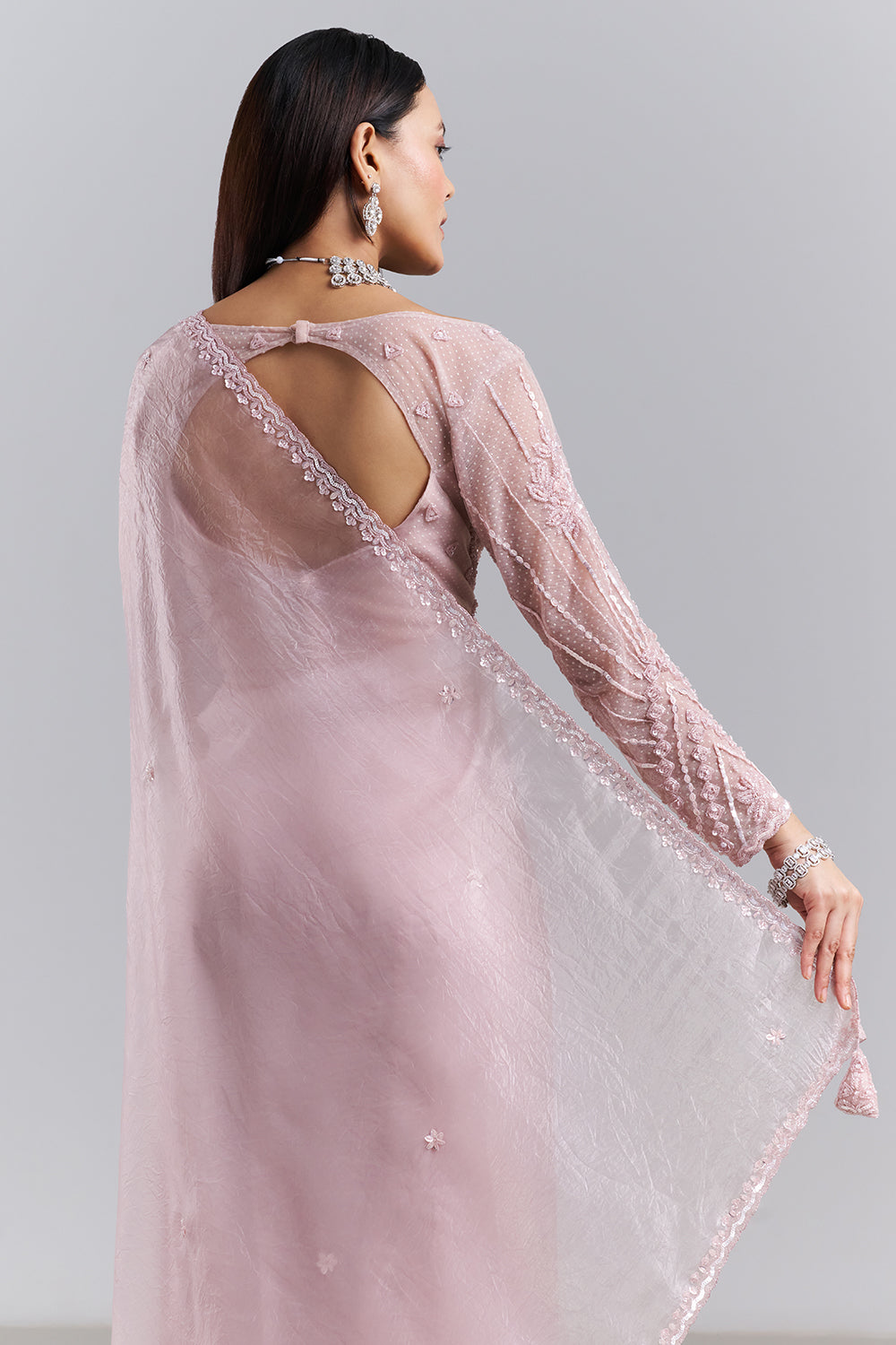 Blush Pink Organza Saree with Embellished Blouse