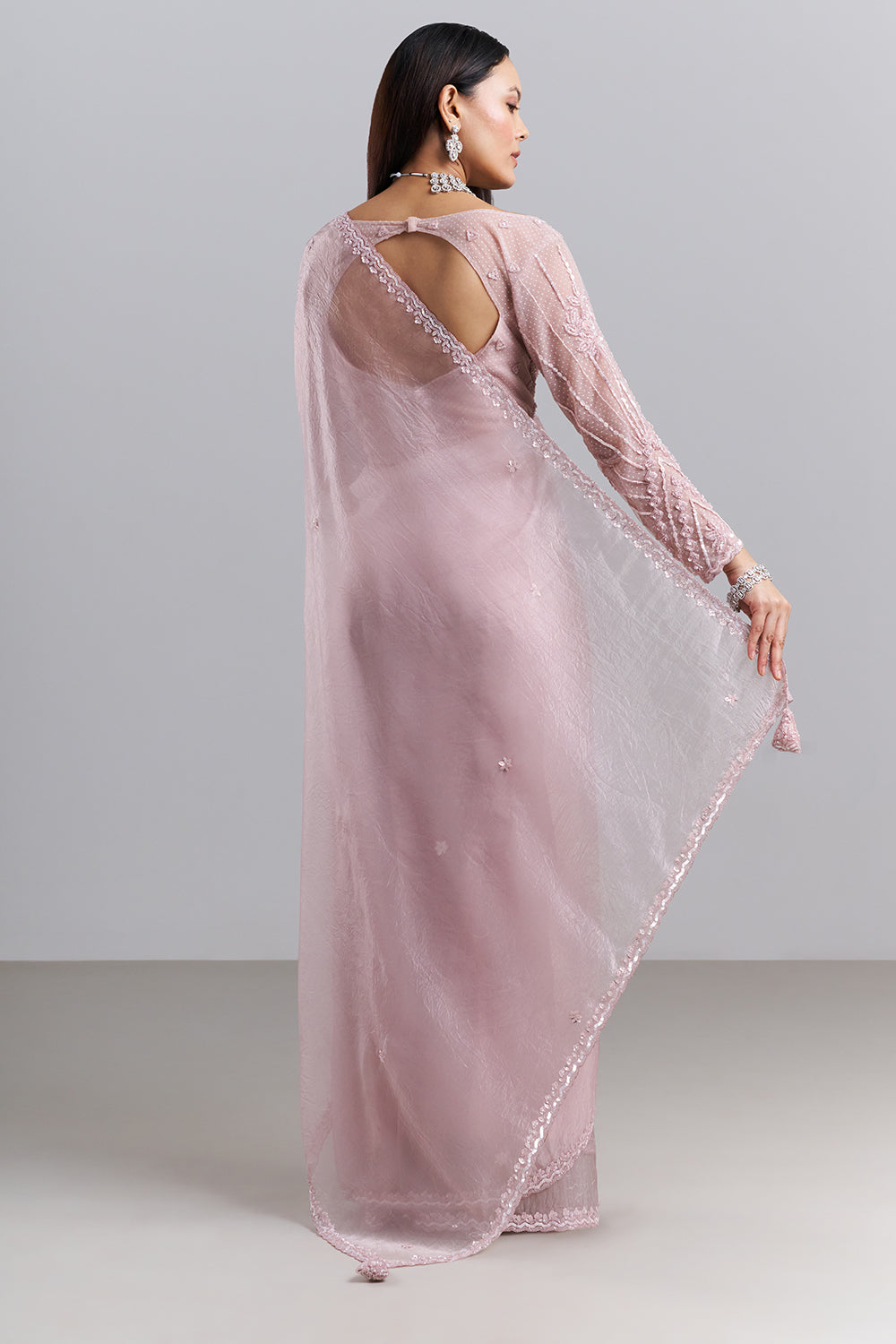 Blush Pink Organza Saree with Embellished Blouse