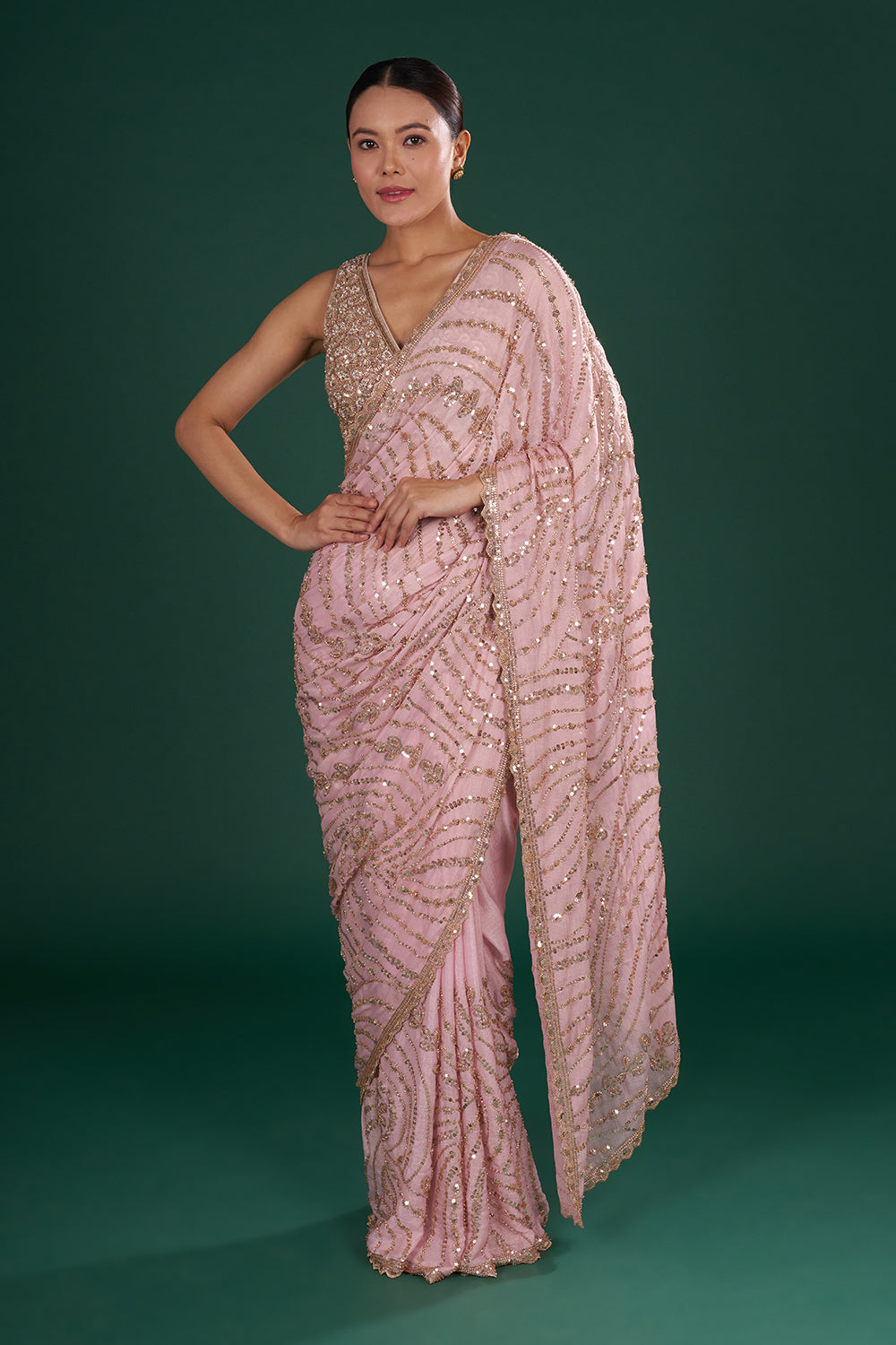 Blush Pink Chiffon Saree with Cutdana Embroidery