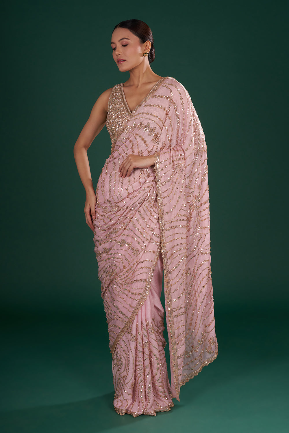 Blush Pink Chiffon Saree with Cutdana Embroidery