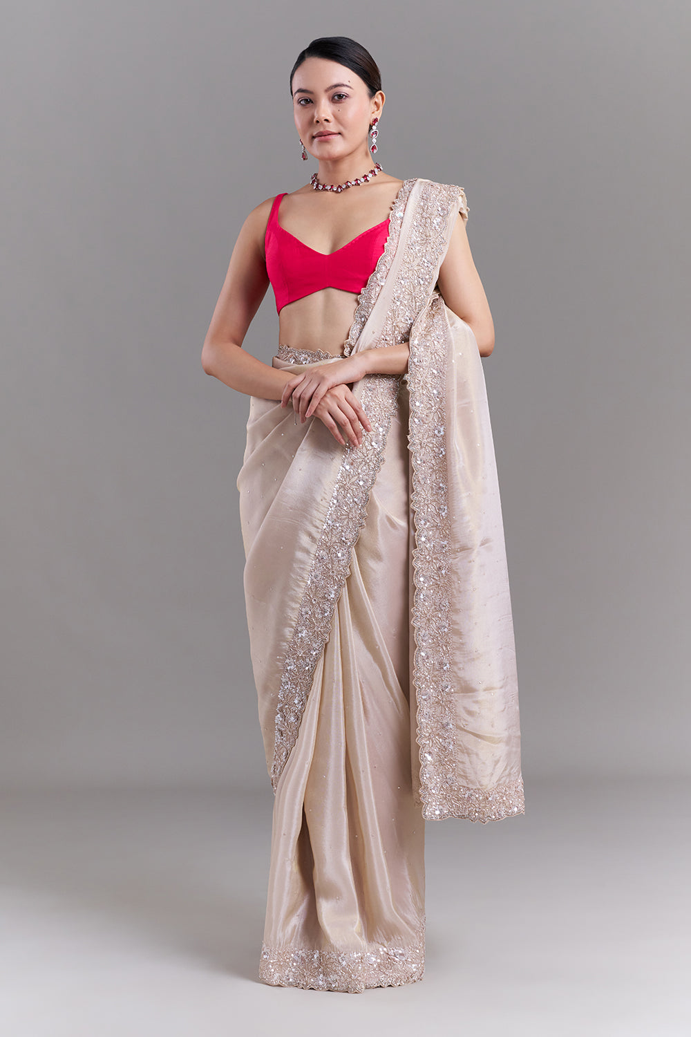 Blush Pink Shimmer Organza Saree with Scalloped Floral Border