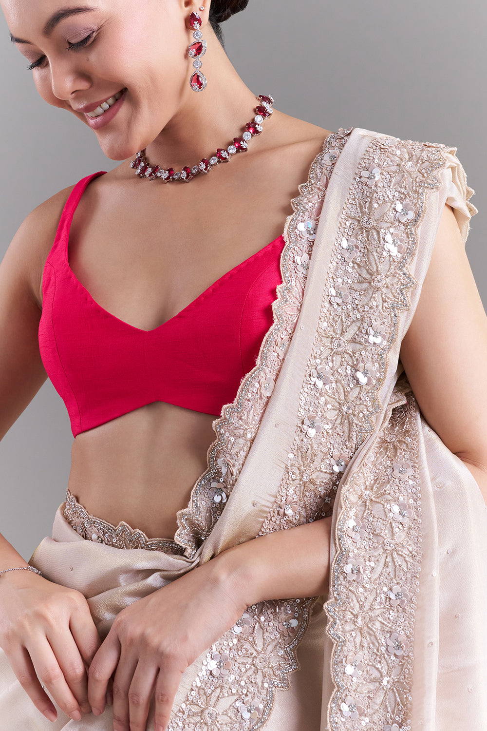 Blush Pink Shimmer Organza Saree with Scalloped Floral Border