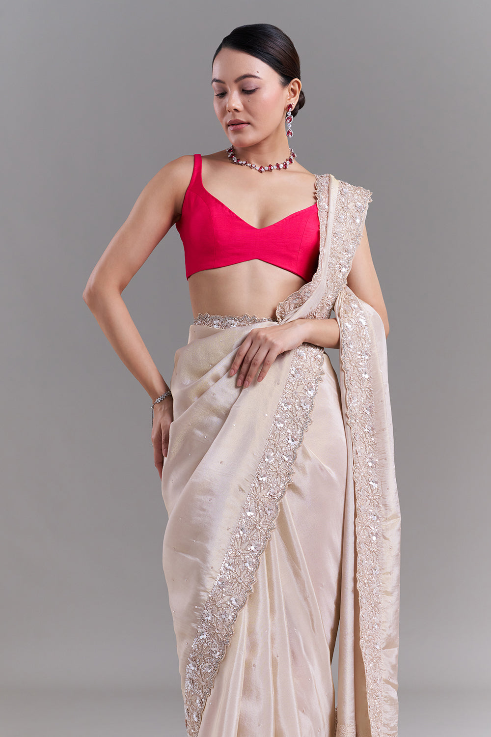 Blush Pink Shimmer Organza Saree with Scalloped Floral Border