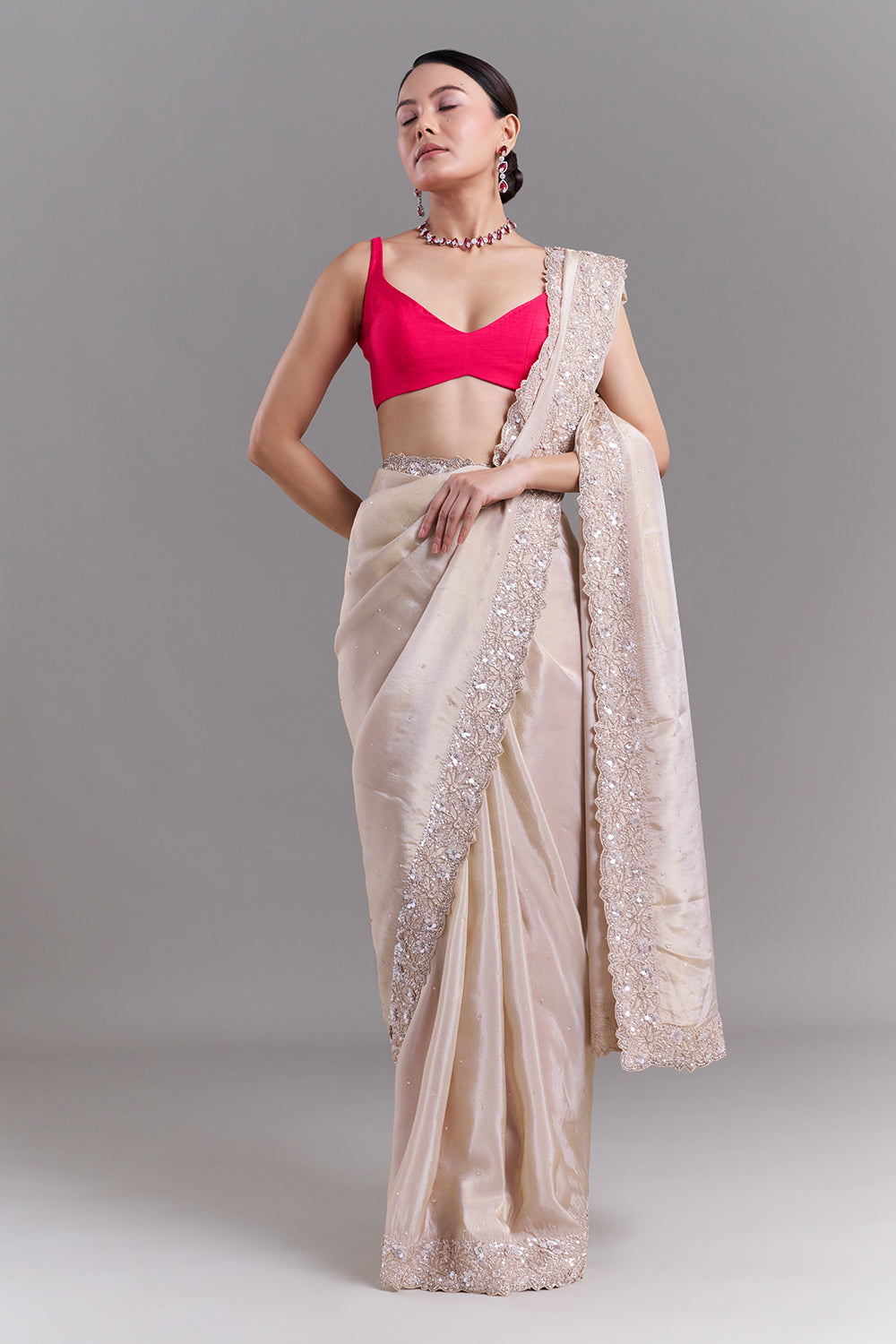 Blush Pink Shimmer Organza Saree with Scalloped Floral Border