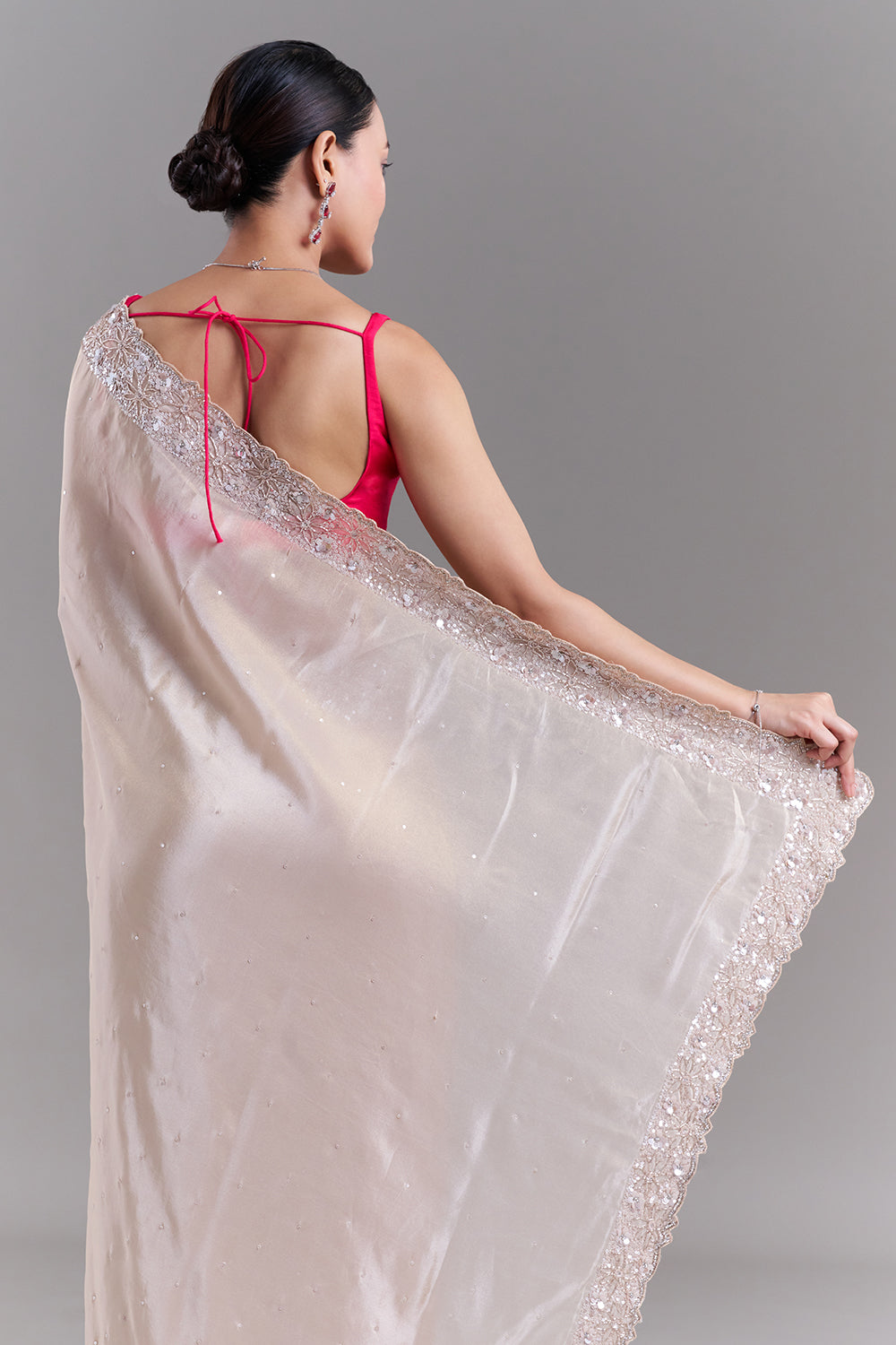 Blush Pink Shimmer Organza Saree with Scalloped Floral Border