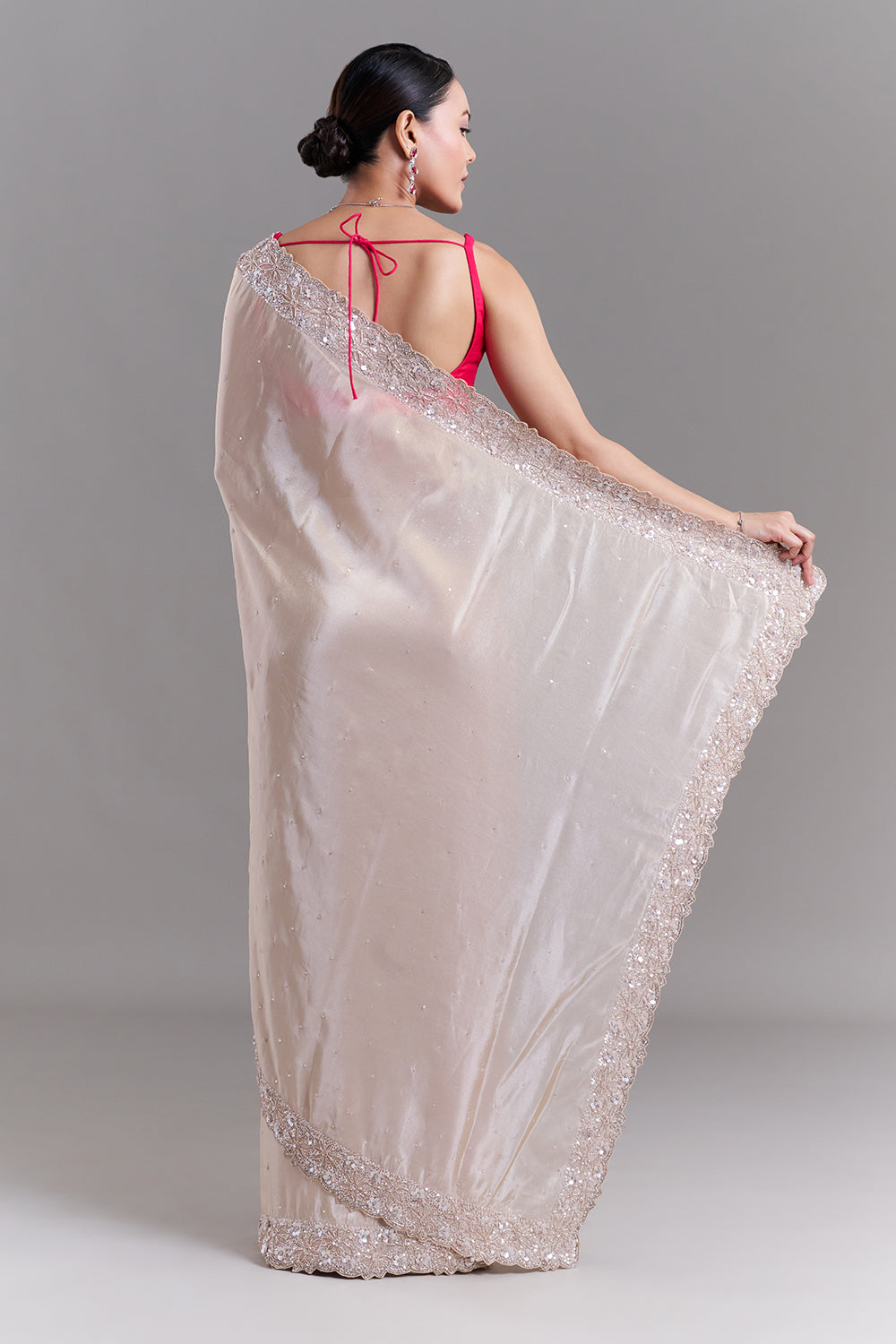 Blush Pink Shimmer Organza Saree with Scalloped Floral Border