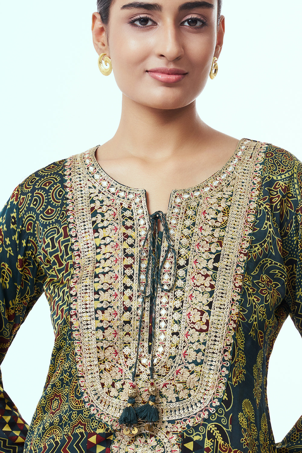 Bottle Green Modal Indo Western with Mirror Work