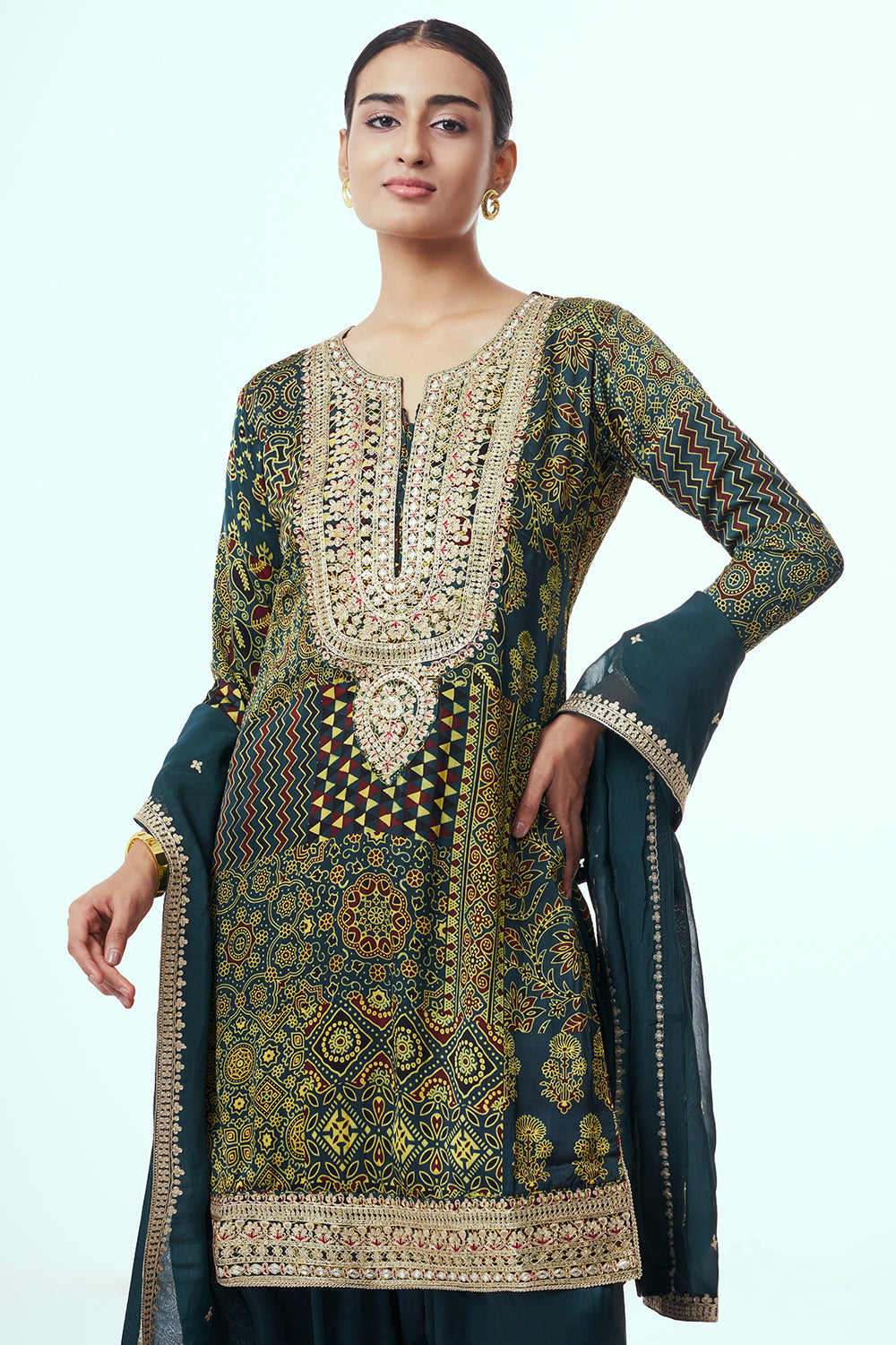 Bottle Green Modal Indo Western with Mirror Work