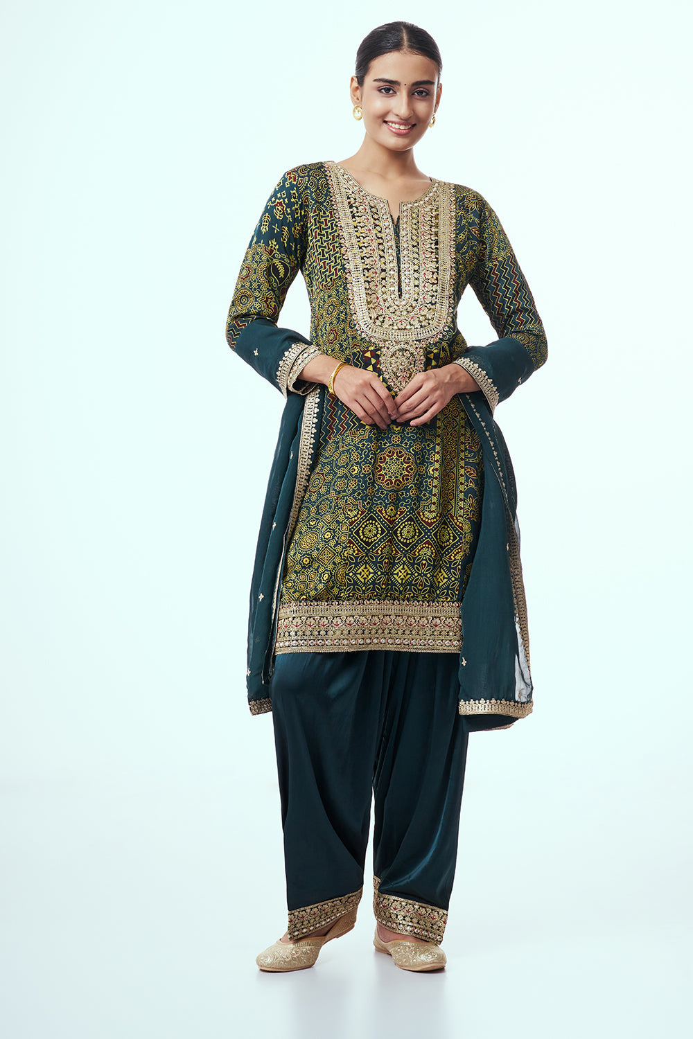 Bottle Green Modal Indo Western with Mirror Work
