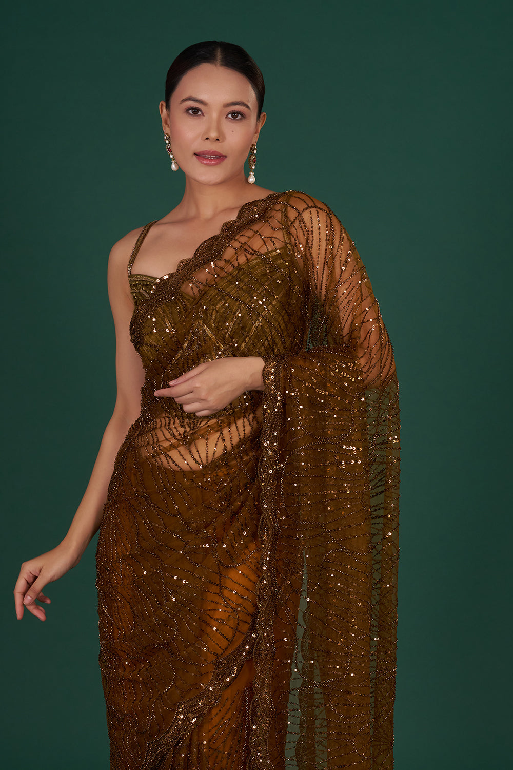 Bronze Embroidered Net Saree with Sequin & Cut Dana Hand Work