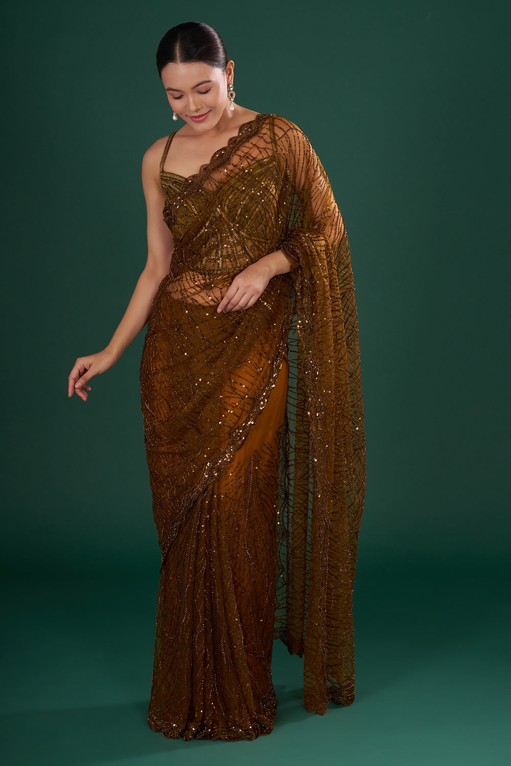 Bronze Embroidered Net Saree with Sequin & Cut Dana Hand Work