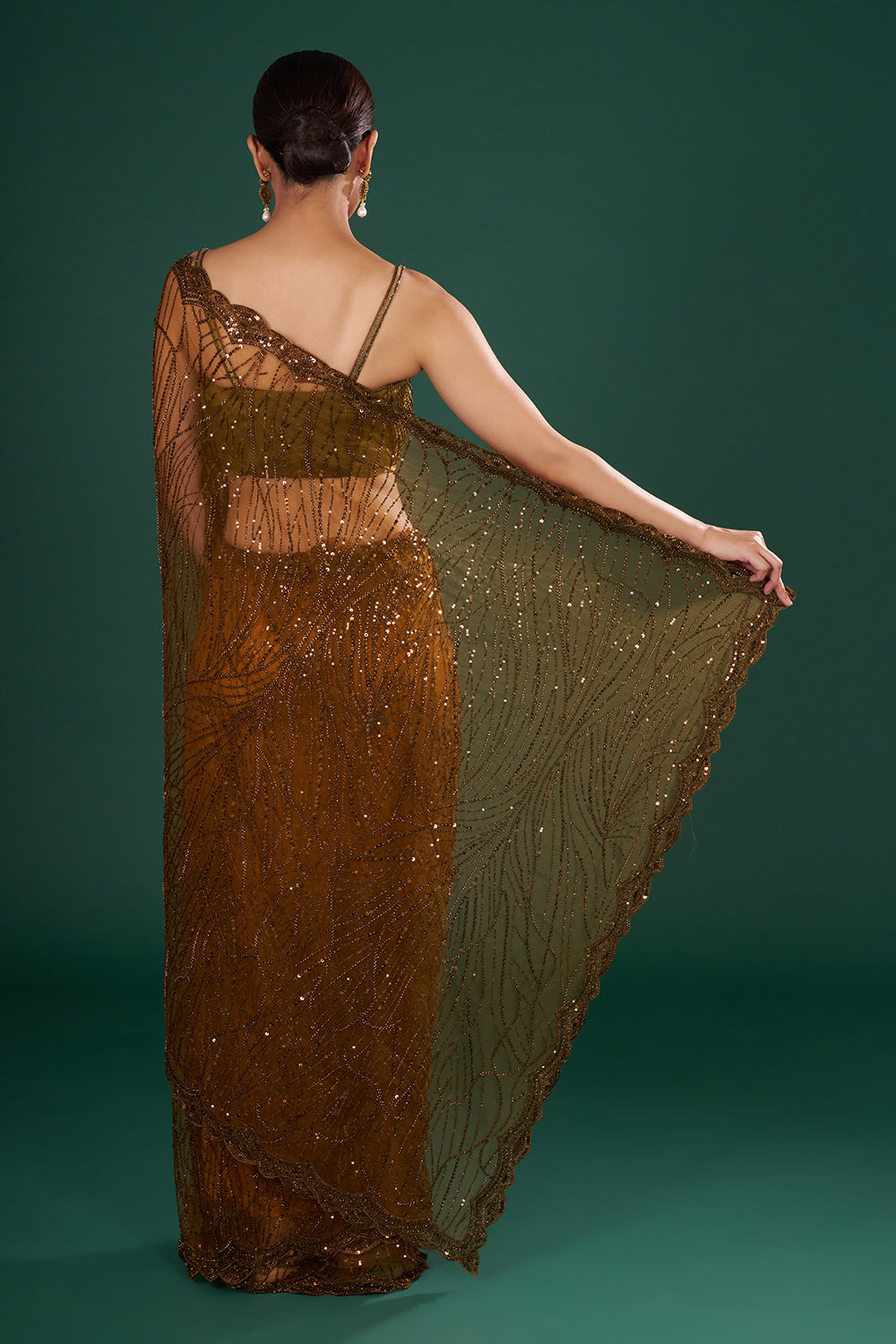 Bronze Embroidered Net Saree with Sequin & Cut Dana Hand Work