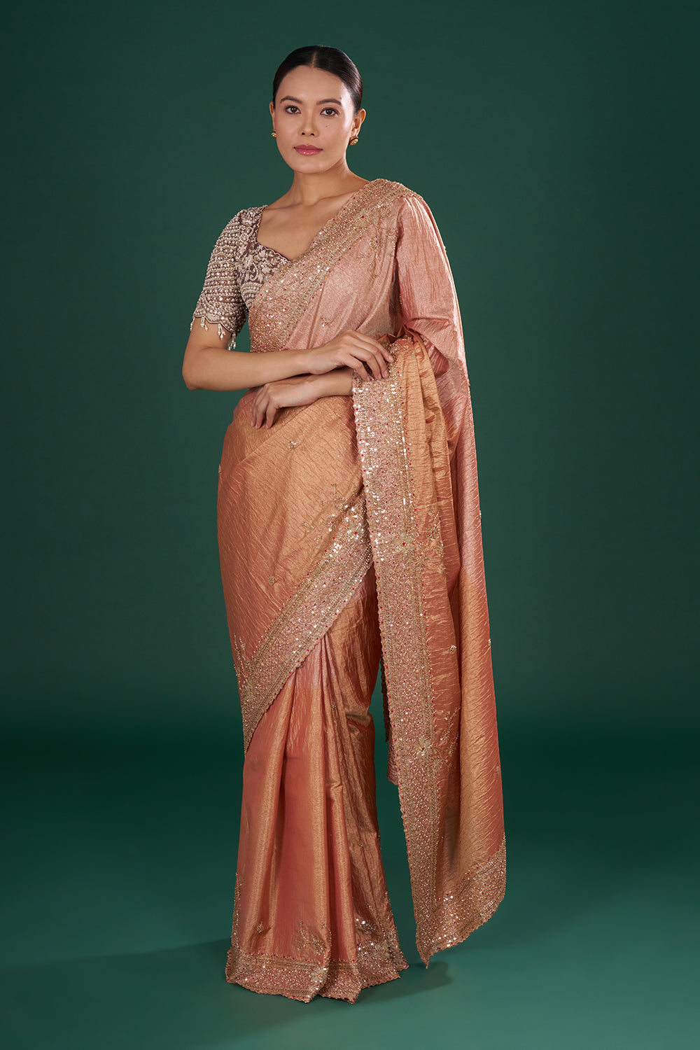 Bronze Peach Embroidered Shimmer Zari Saree with Rose Gold Sequin