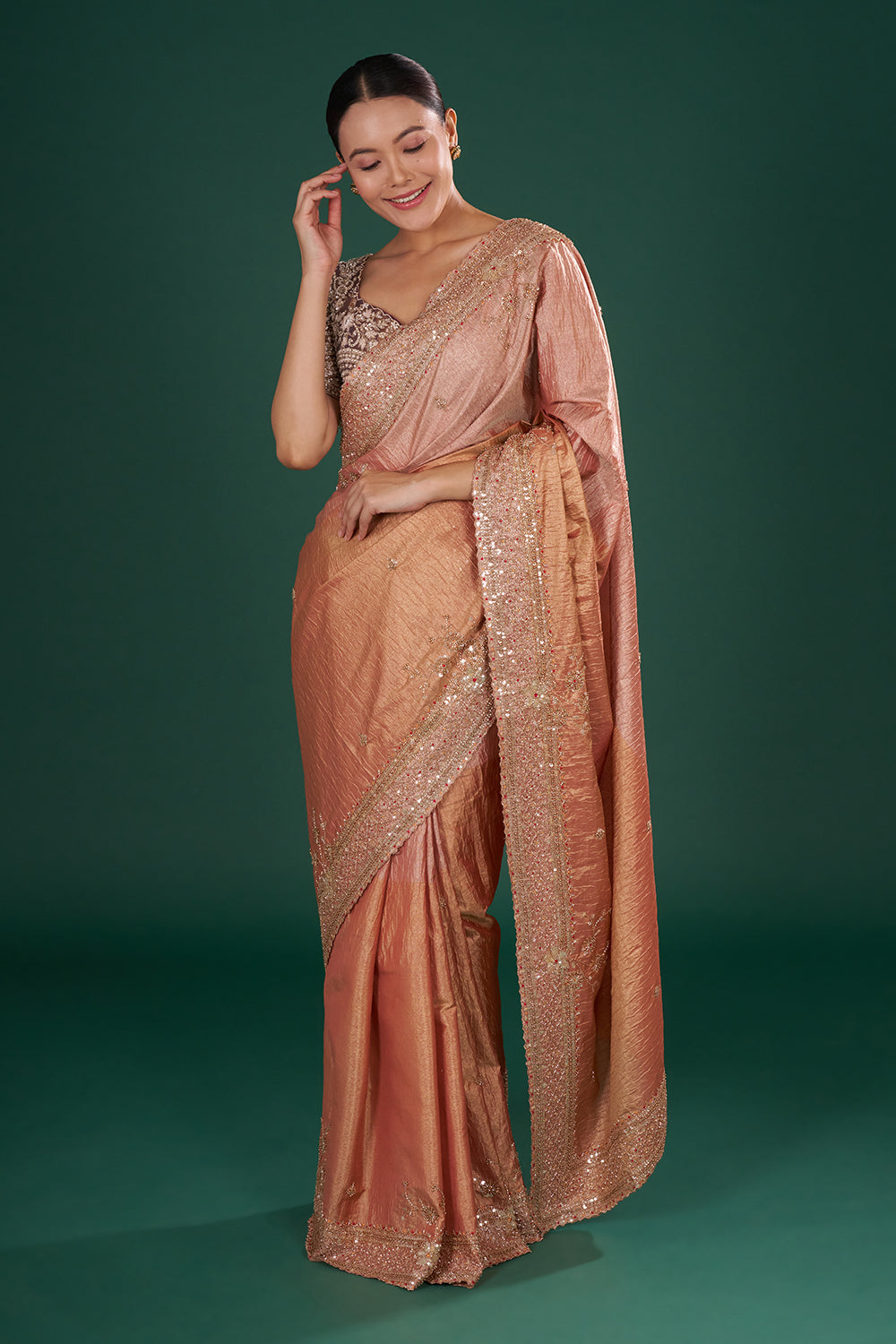 Bronze Peach Embroidered Shimmer Zari Saree with Rose Gold Sequin