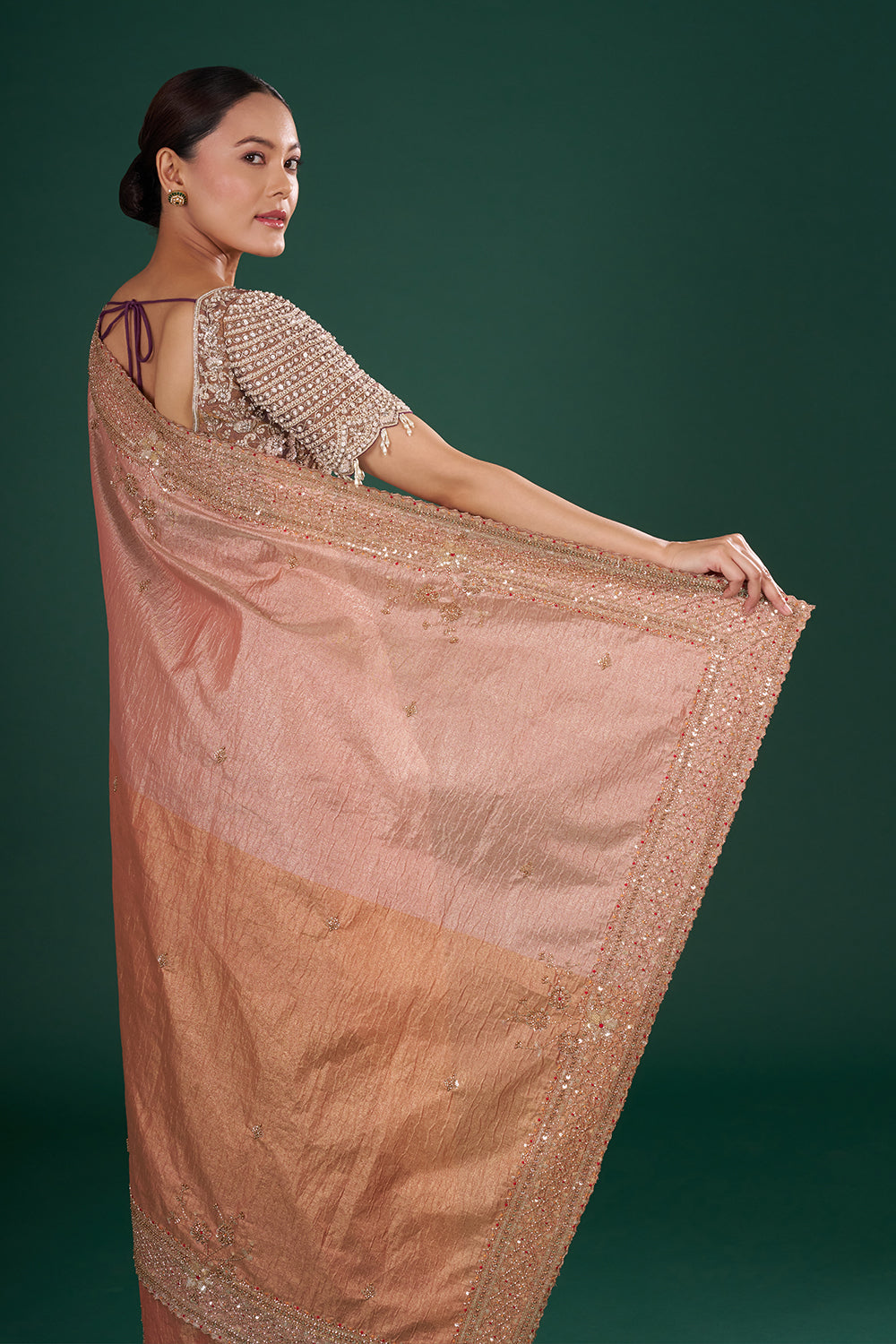 Bronze Peach Embroidered Shimmer Zari Saree with Rose Gold Sequin