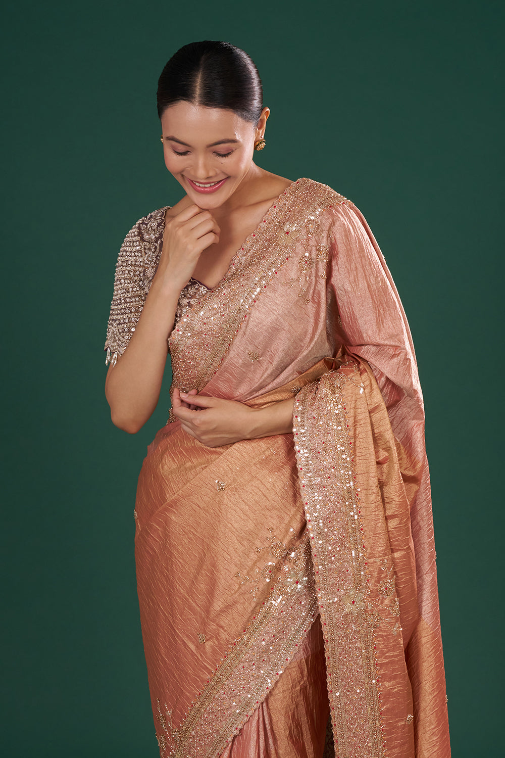 Bronze Peach Embroidered Shimmer Zari Saree with Rose Gold Sequin