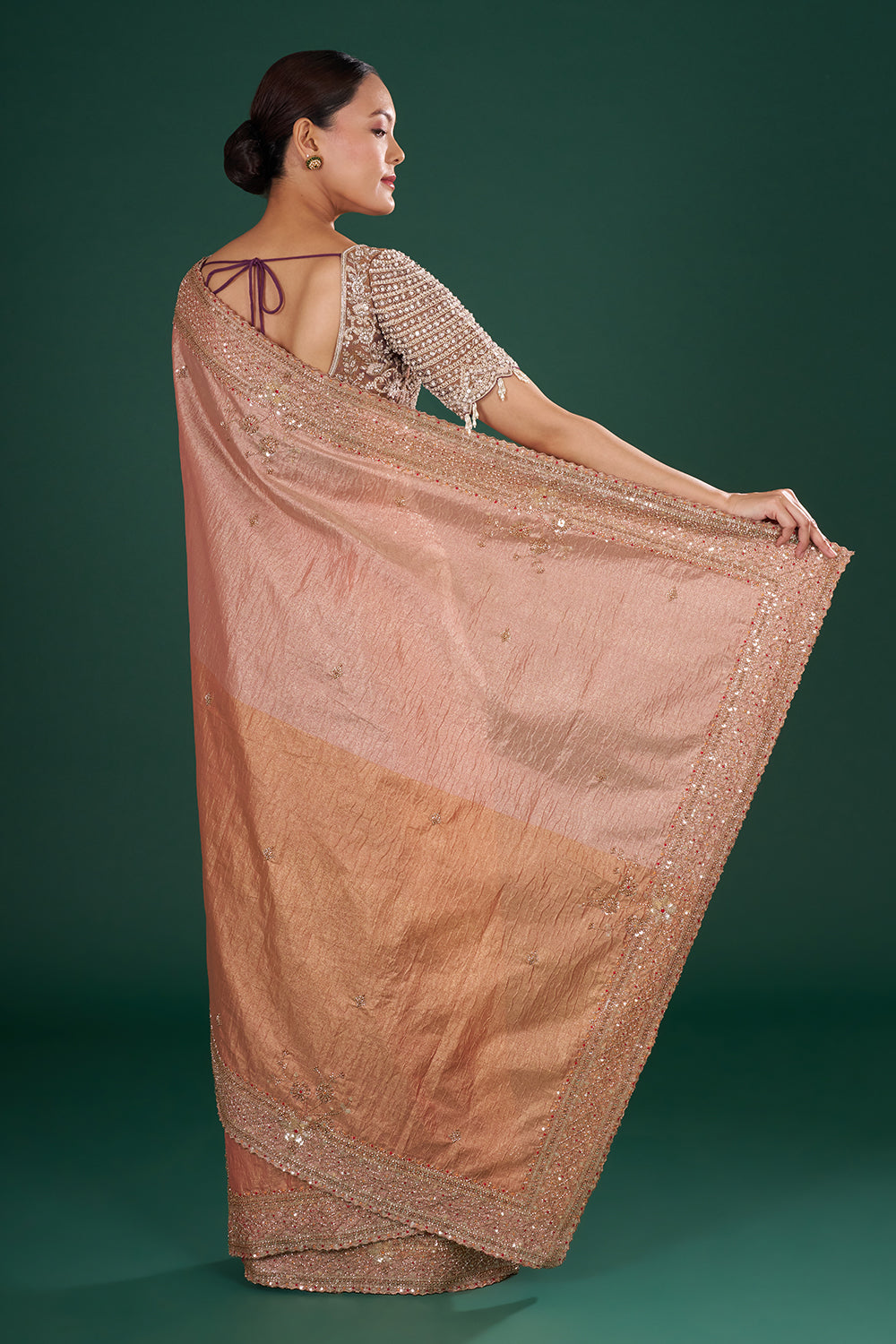 Bronze Peach Embroidered Shimmer Zari Saree with Rose Gold Sequin