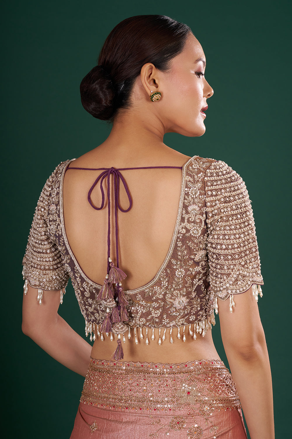 Bronze Peach Embroidered Shimmer Zari Saree with Rose Gold Sequin