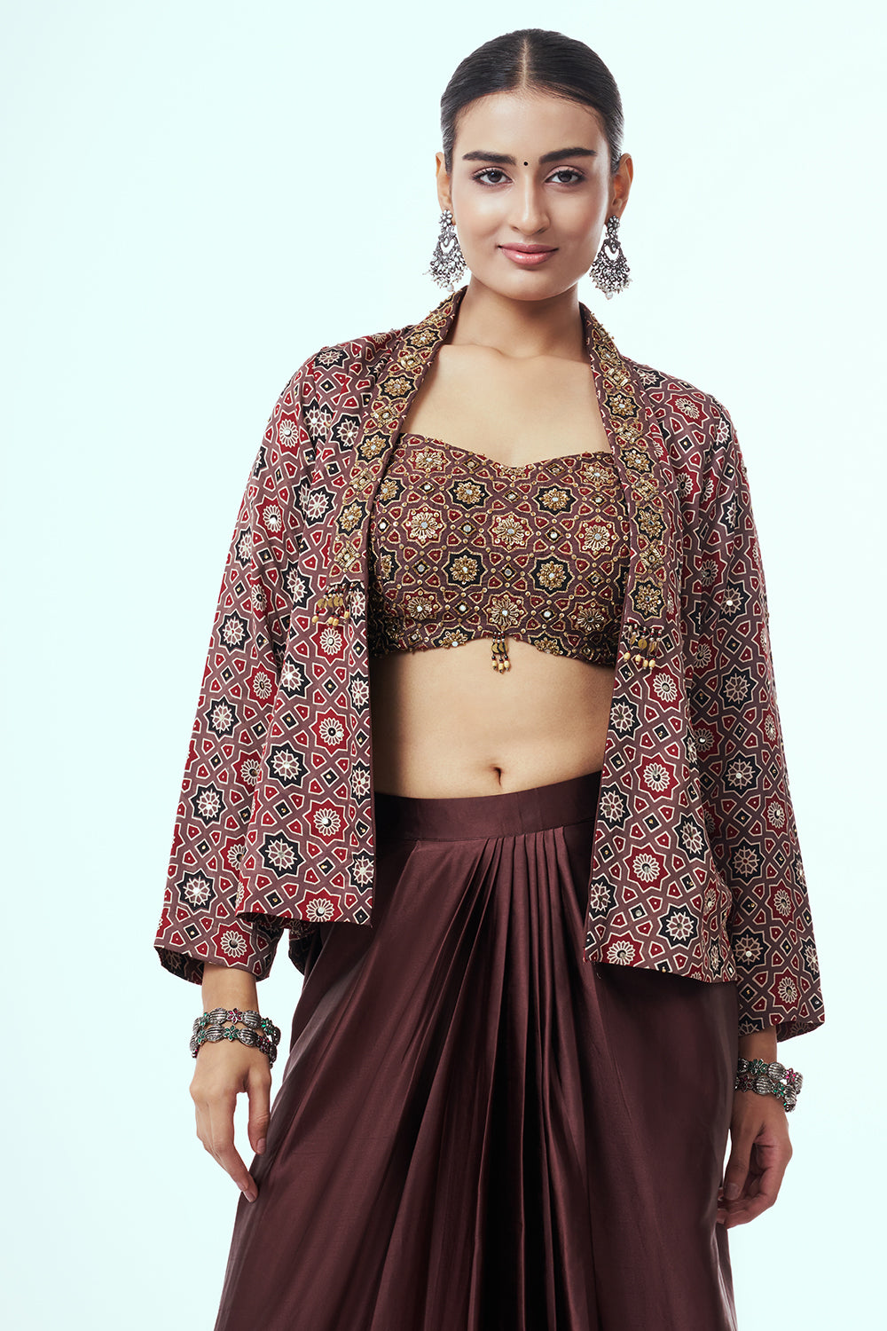 Brown Modal Indo-Western Set with Mirror Work