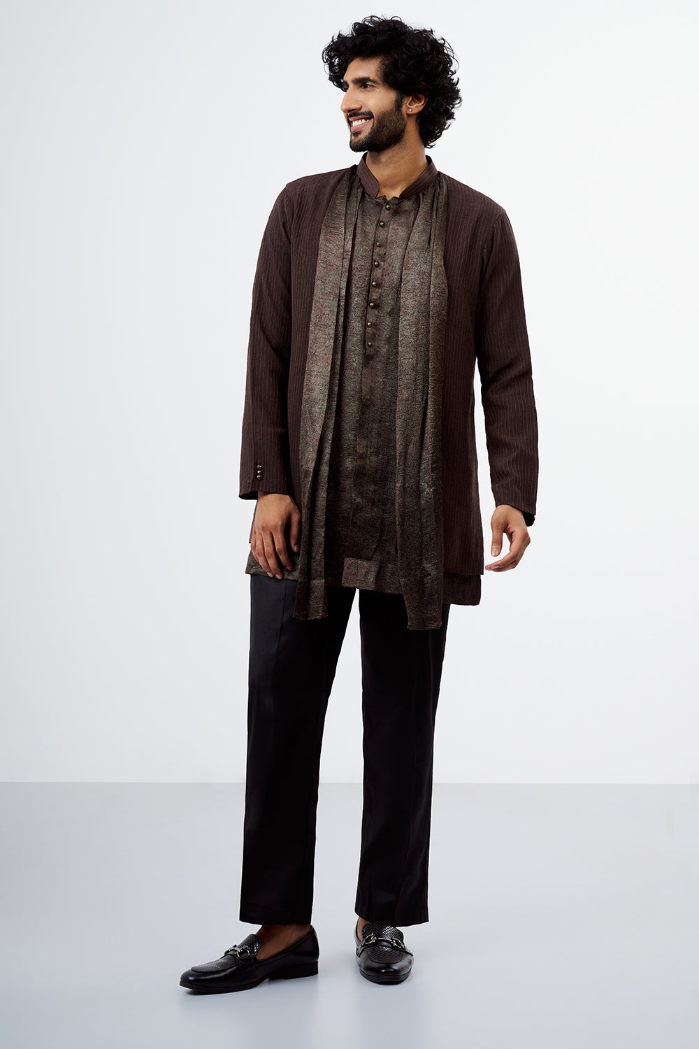Brown Thread Work Shimmer Crush Chiffon Men's Kurta Set