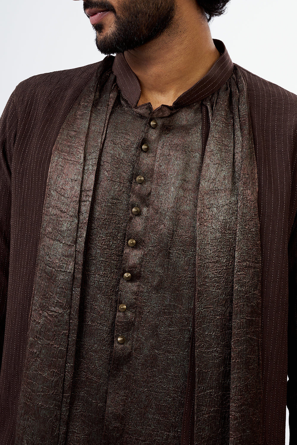 Brown Thread Work Shimmer Crush Chiffon Men's Kurta Set