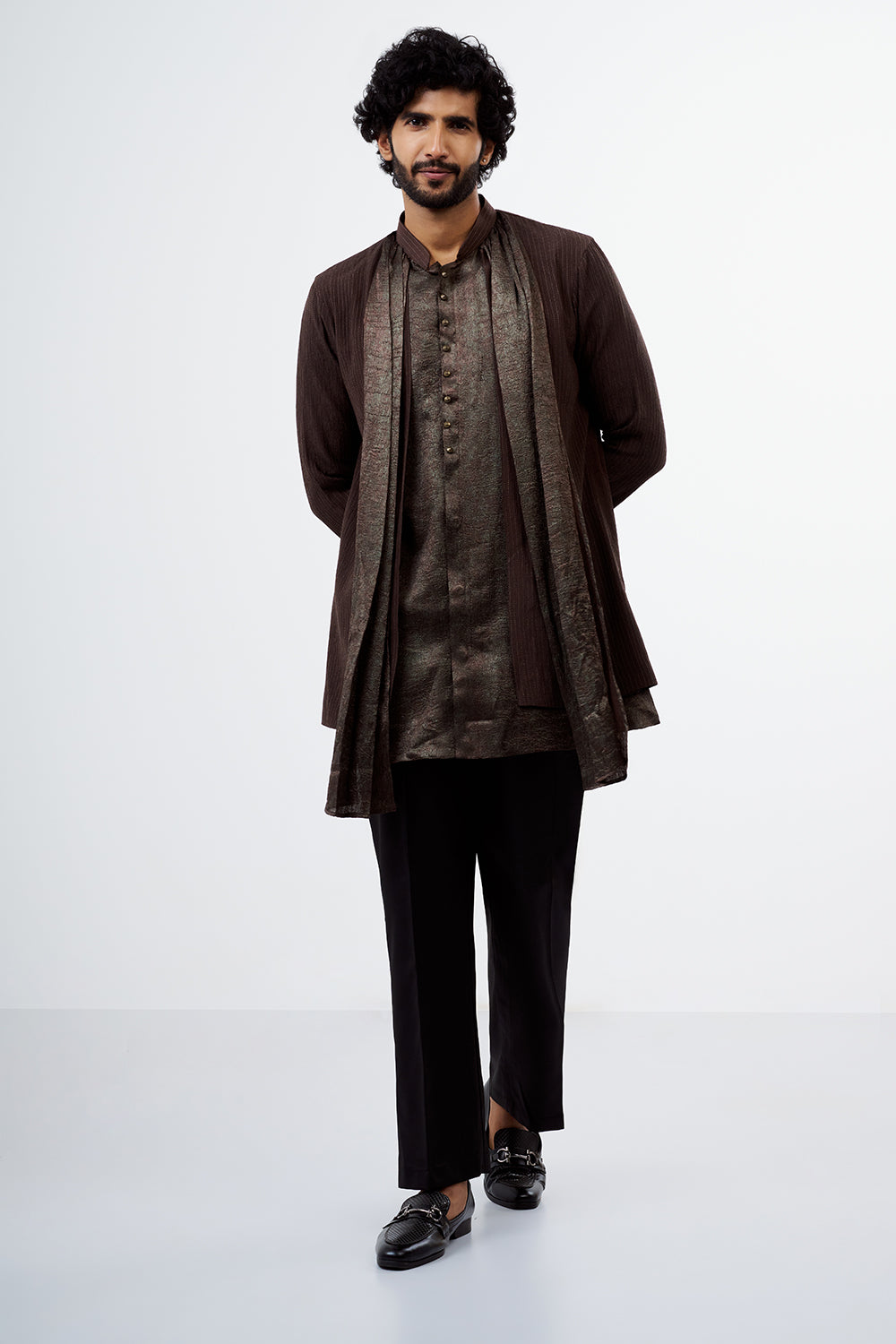 Brown Thread Work Shimmer Crush Chiffon Men's Kurta Set