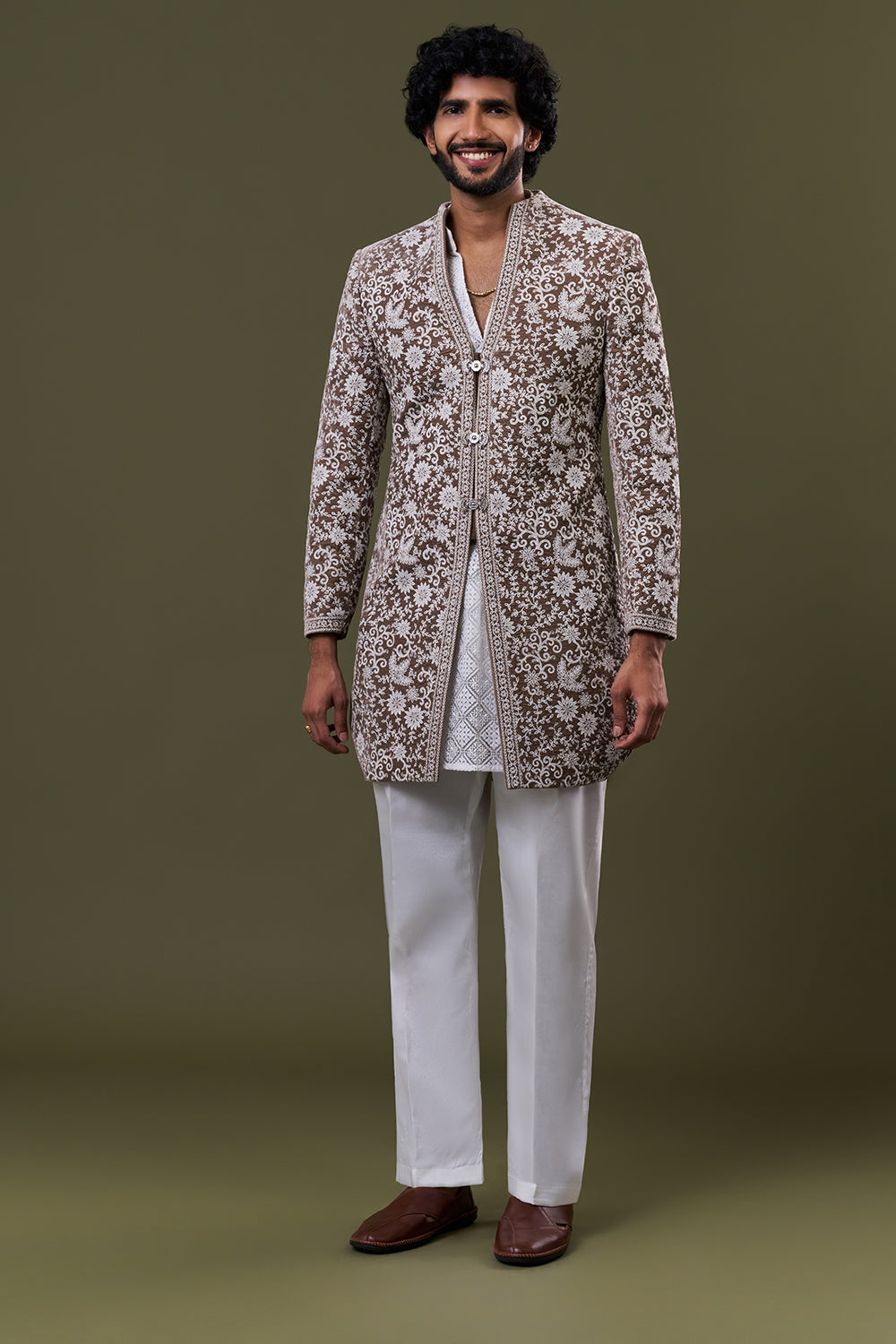 Brown Velvet Floral Resham Embroidered Jacket Set