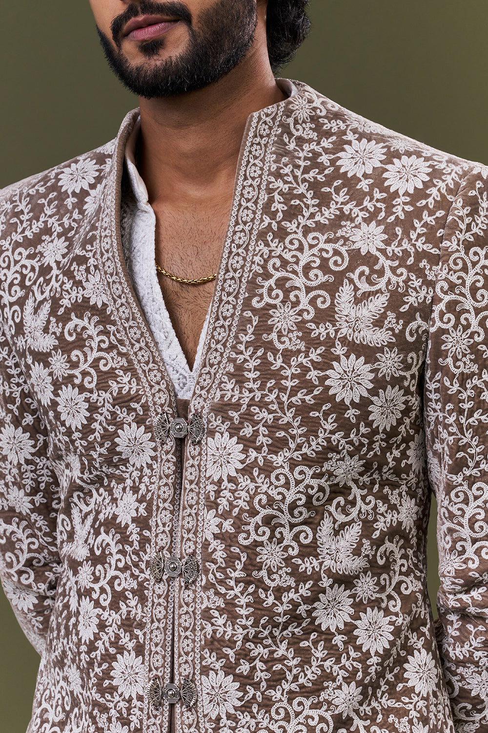 Brown Velvet Floral Resham Embroidered Jacket Set