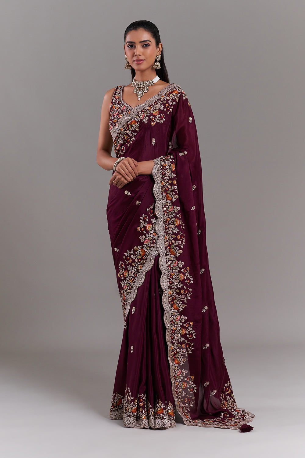 Burgundy Crepe Embroidered Saree with Scalloped Floral Border